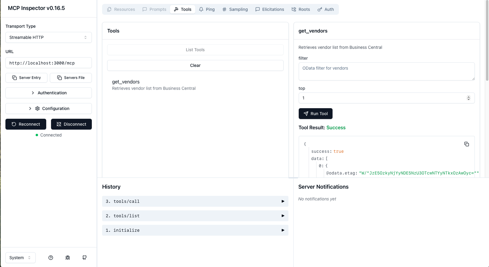 I ran the get_vendors tool