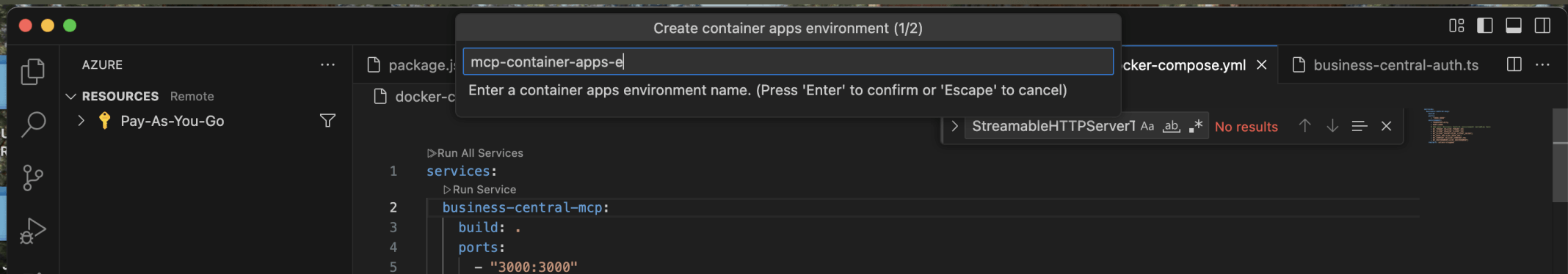 I entered the name of new container apps environment