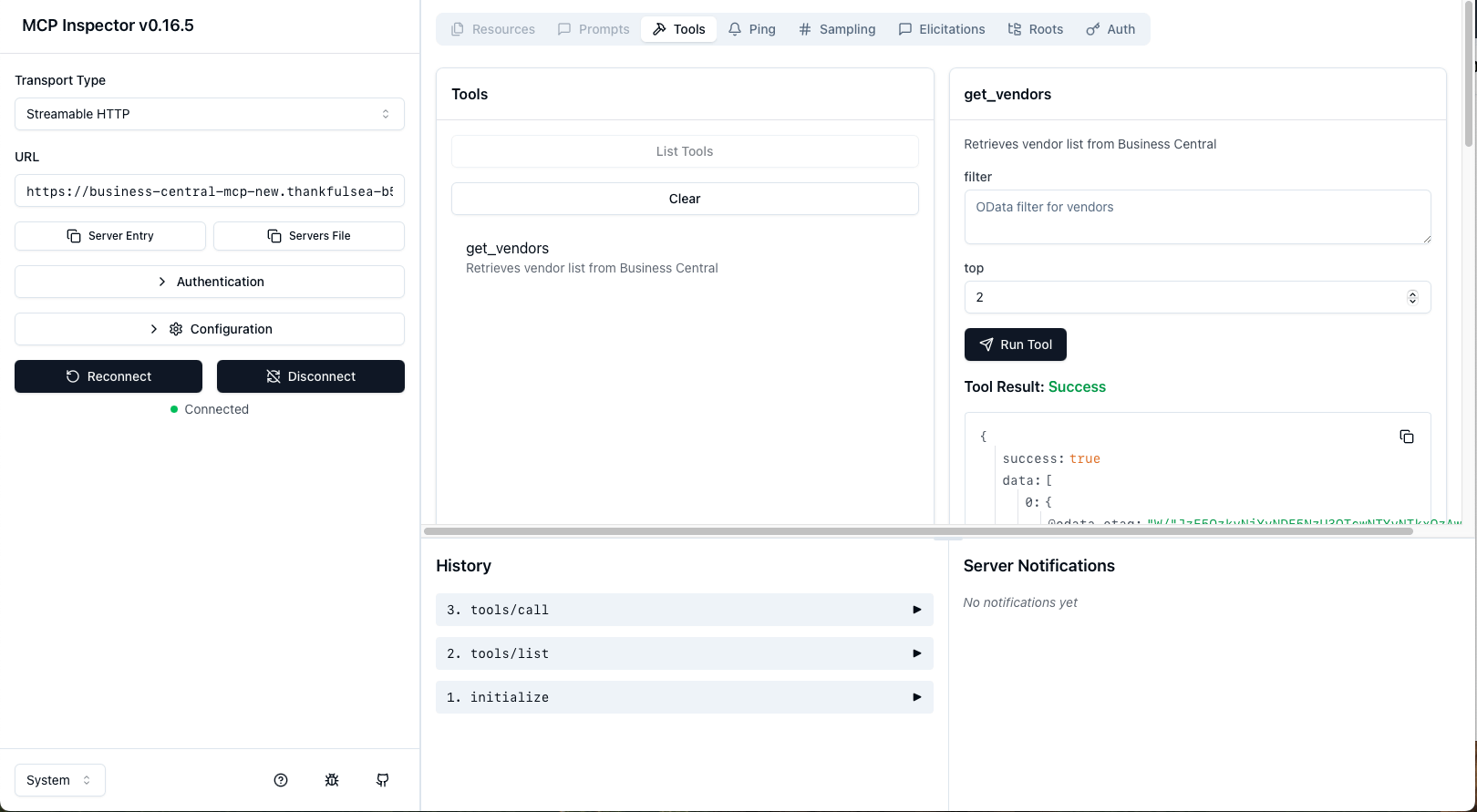 I tested the deployment using the URL https://business-central-mcp-new.thankfulsea-b533246e.eastus.azurecontainerapps.io/mcp
