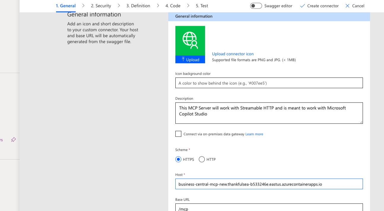 I entered the server url https://business-central-mcp-new.thankfulsea-b533246e.eastus.azurecontainerapps.io/mcp