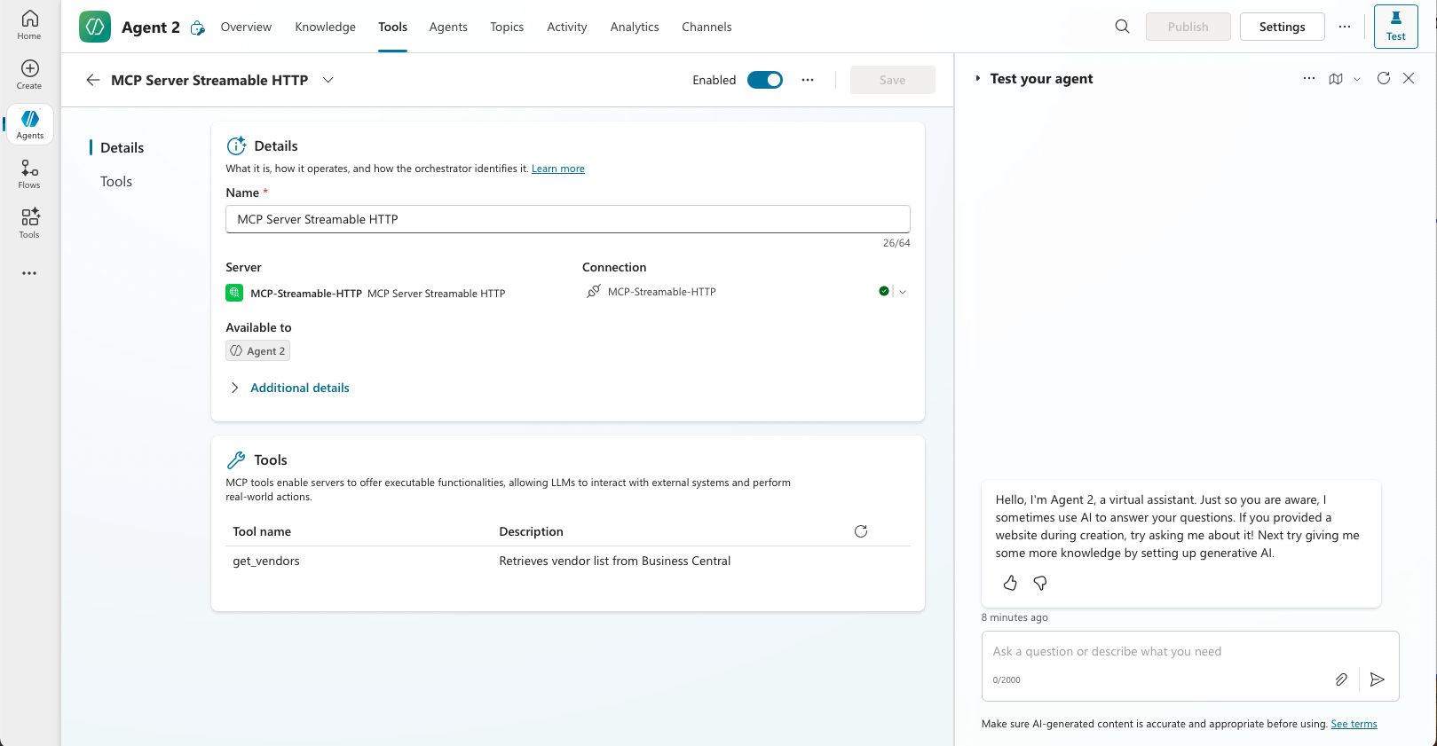 The get_vendors tool was displayed
