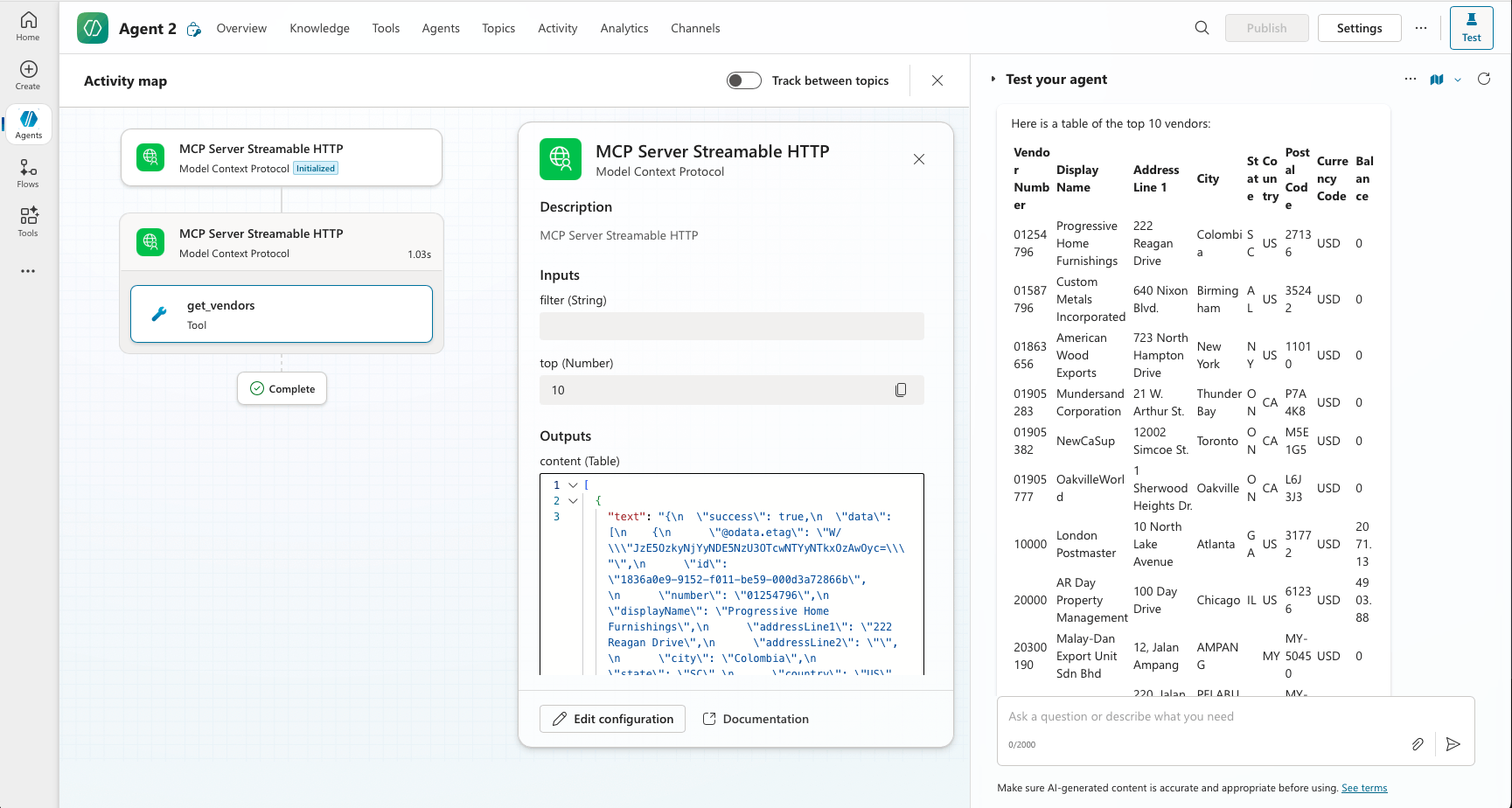Copilot Studio's Large Language Model used the get_vendors tool to establish the context.