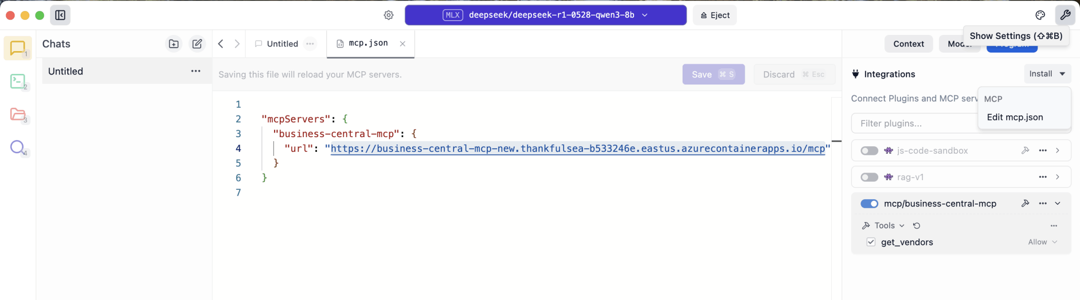 I selected Chats in the left hand menu. I clicked the show settings button at the top right of the LM Studio application. I added the business central mcp server using the url https://business-central-mcp-new.thankfulsea-b533246e.eastus.azurecontainerapps.io/mcp. I enabled the mcp server connection.