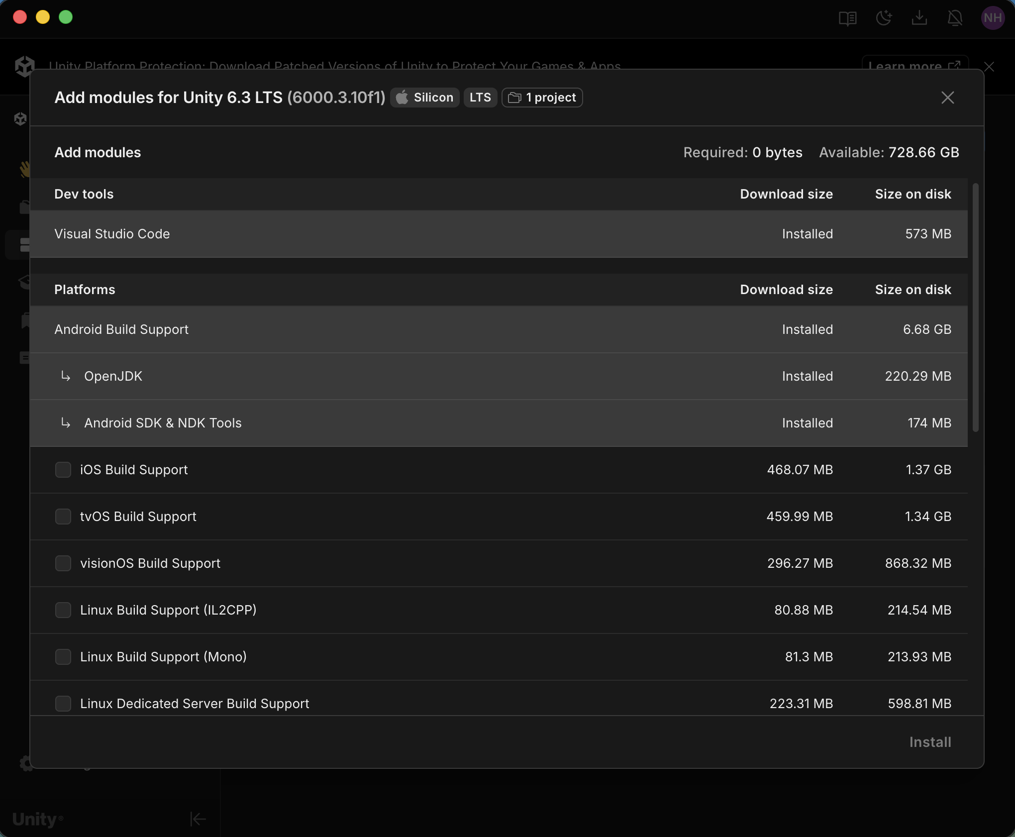 On the Add module screen, I selected the Android Build Support items in the Platforms section.