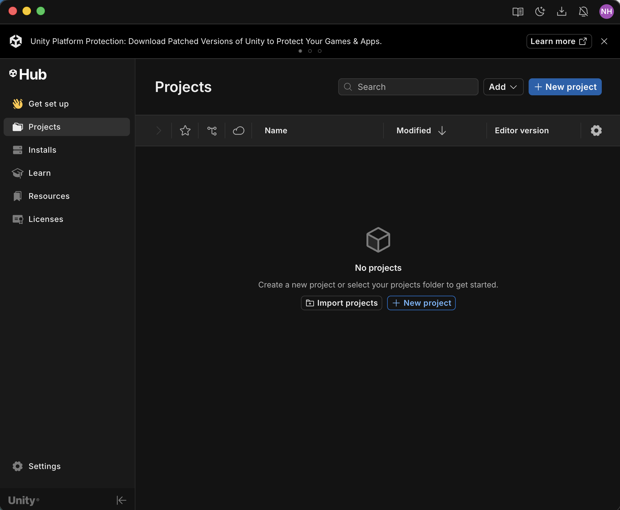 I selected Projects in the left navigation bar, and clicked New project.
