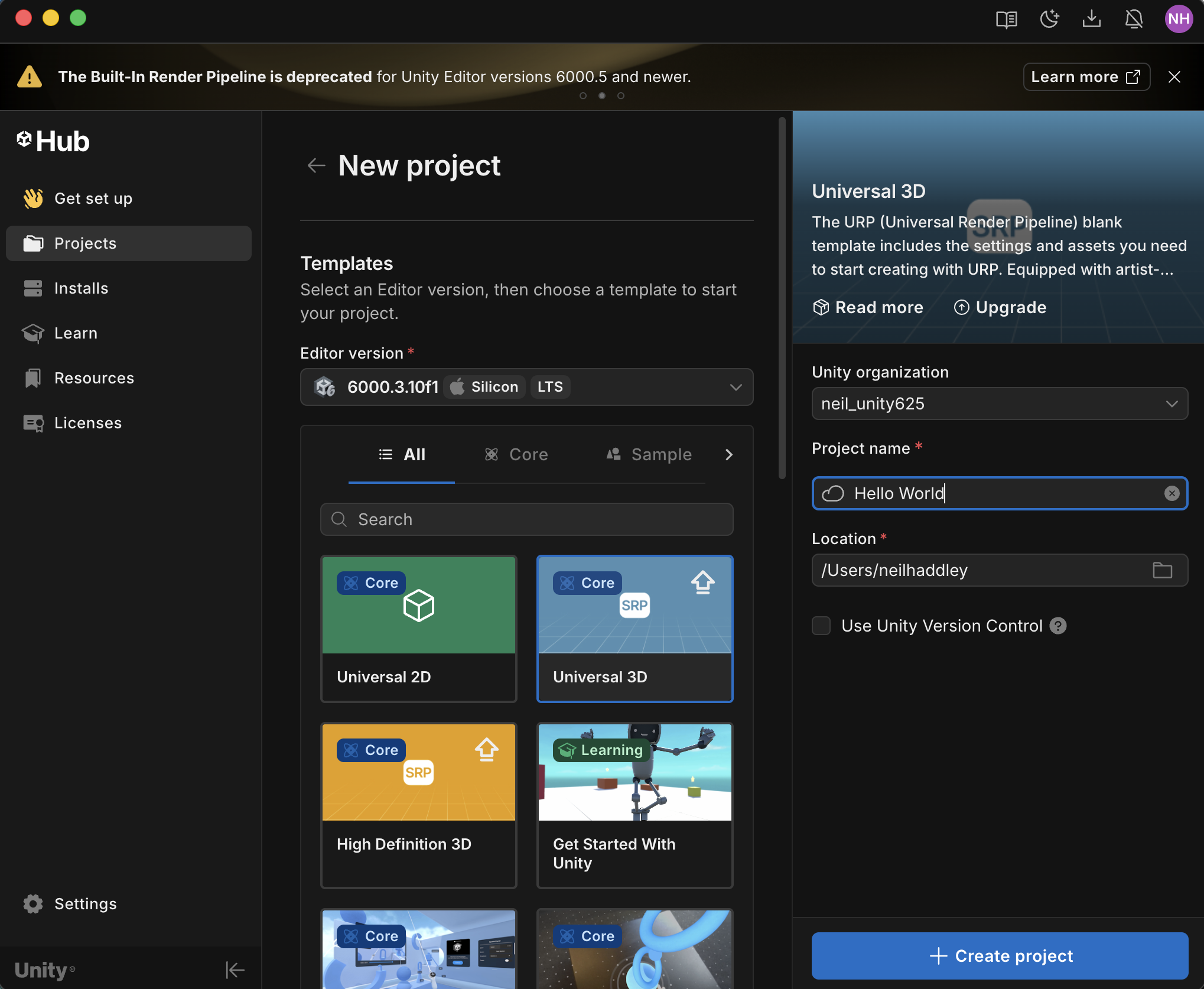 I selected the Universal 3D template