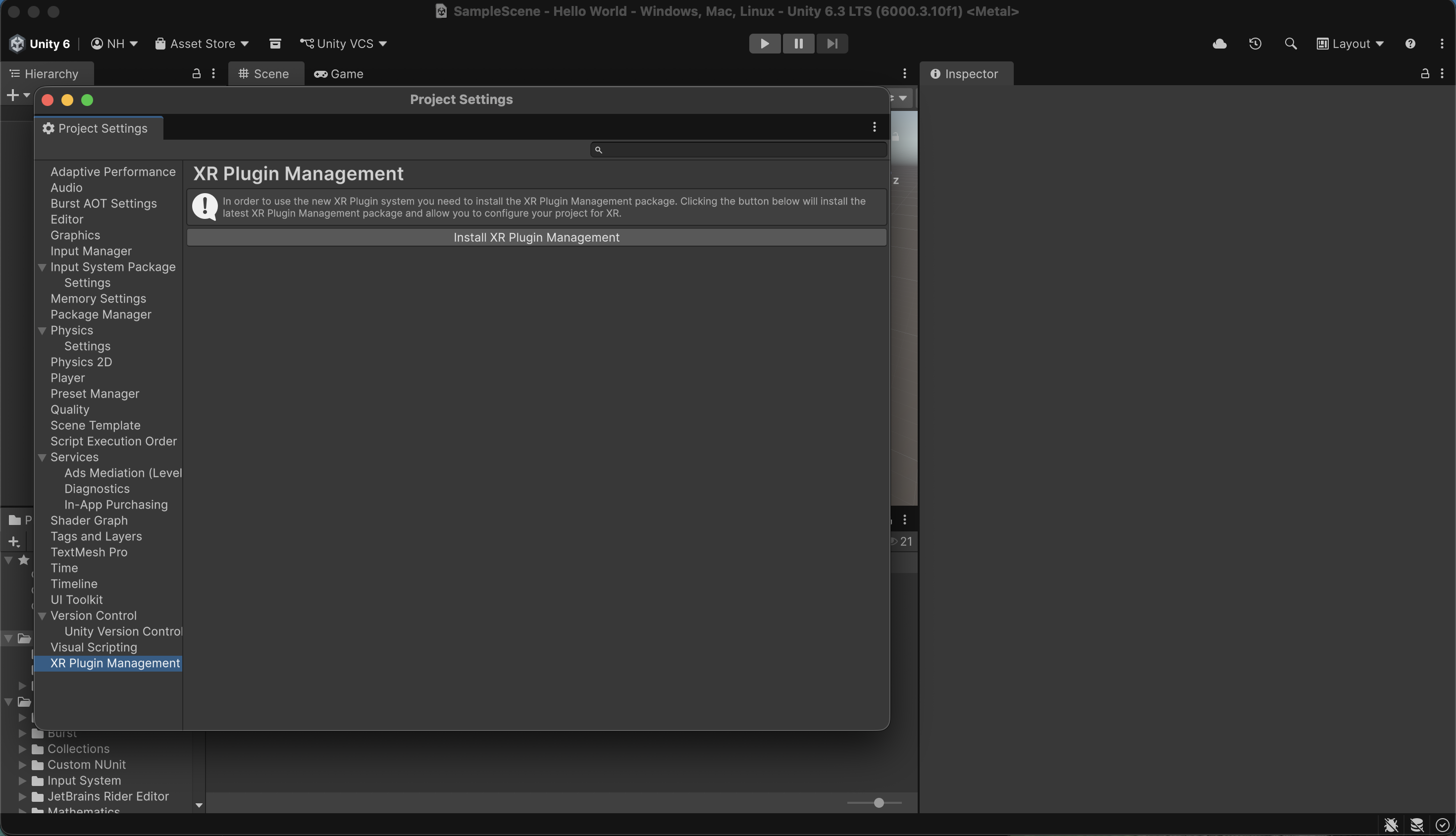 I selected the XR Plug-in Management menu item on the left of the Project Settings window.