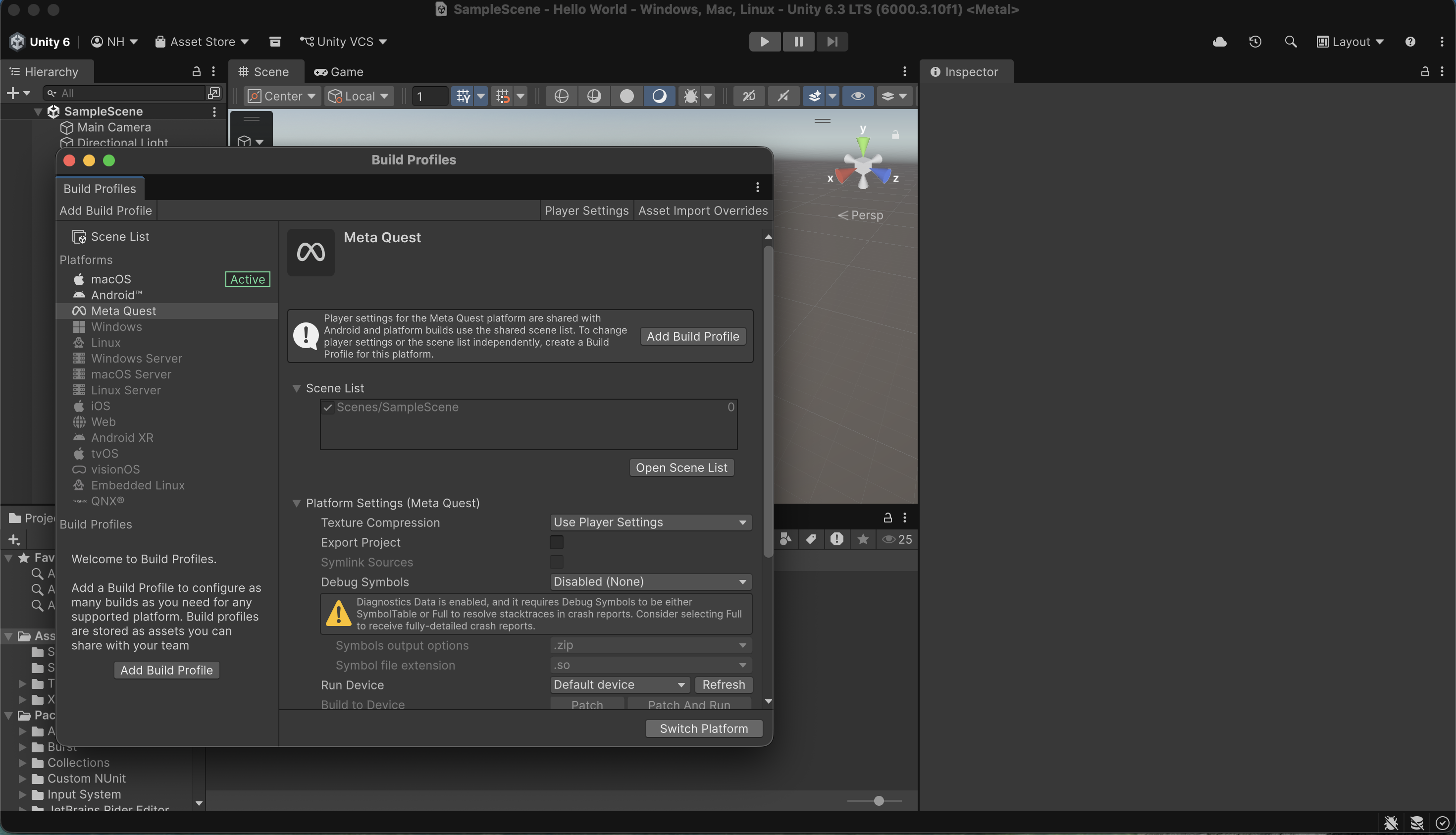 In the Unity editor menu, I selected File > Build Profiles.