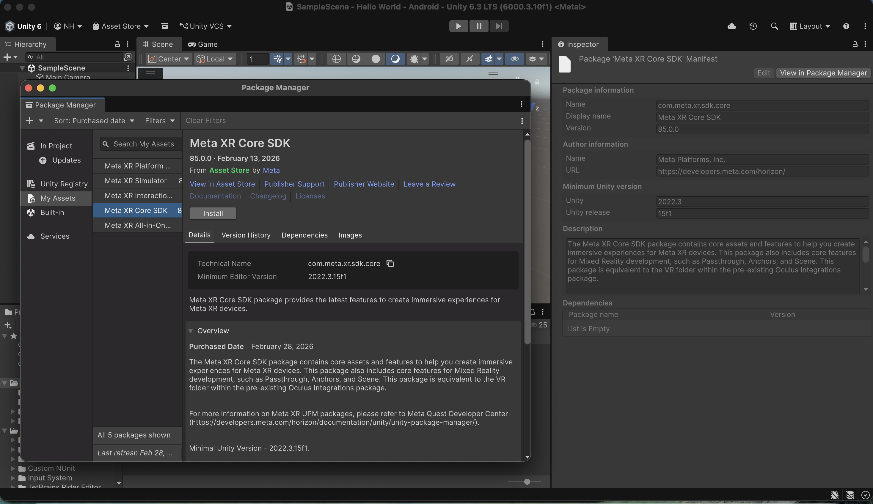 I selected the Meta XR Core SDK and clicked Install.