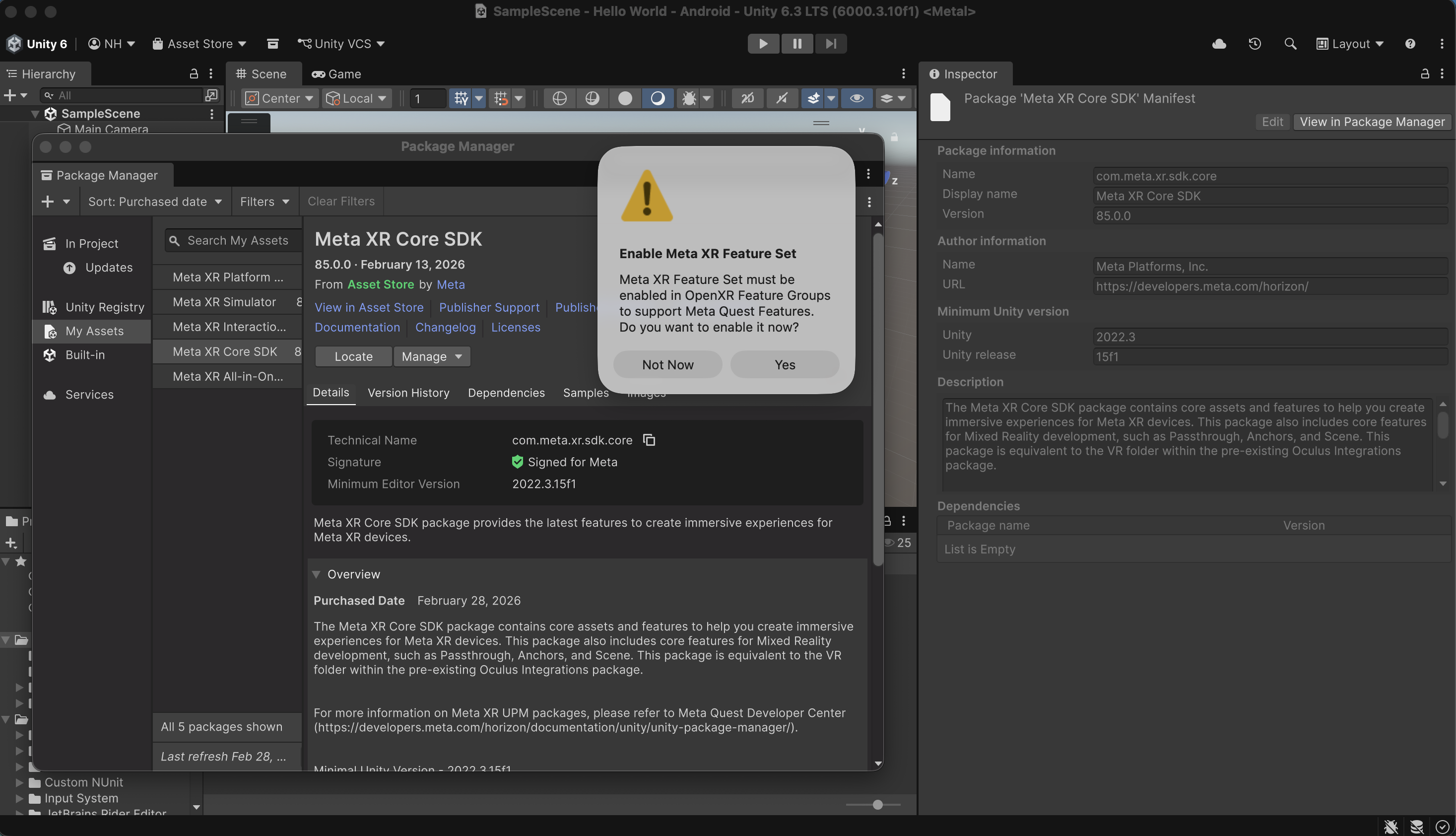 When prompted to enable the Meta XR feature set, I selected Enable.