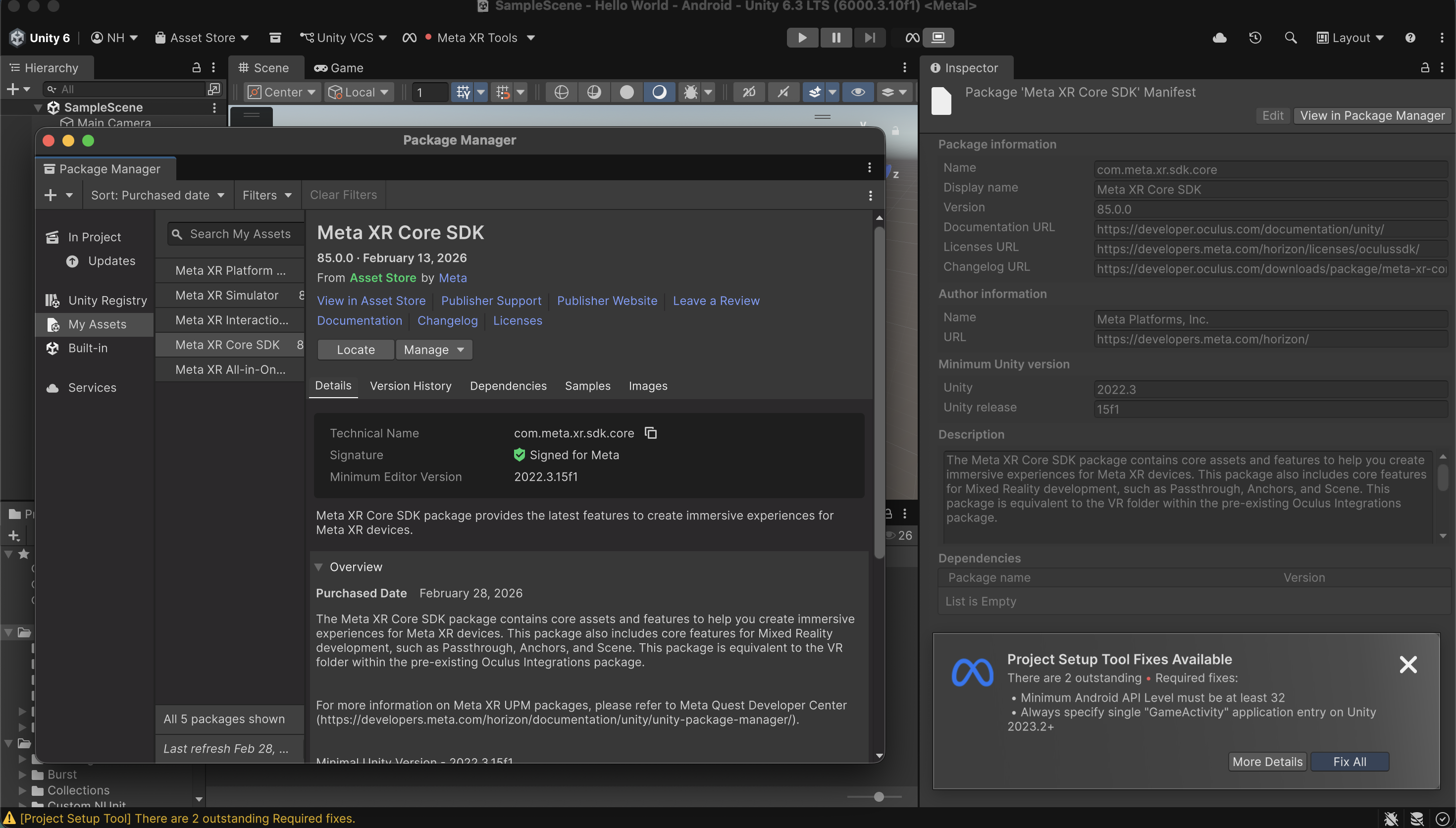 I confirmed that the Meta XR Core SDK was installed