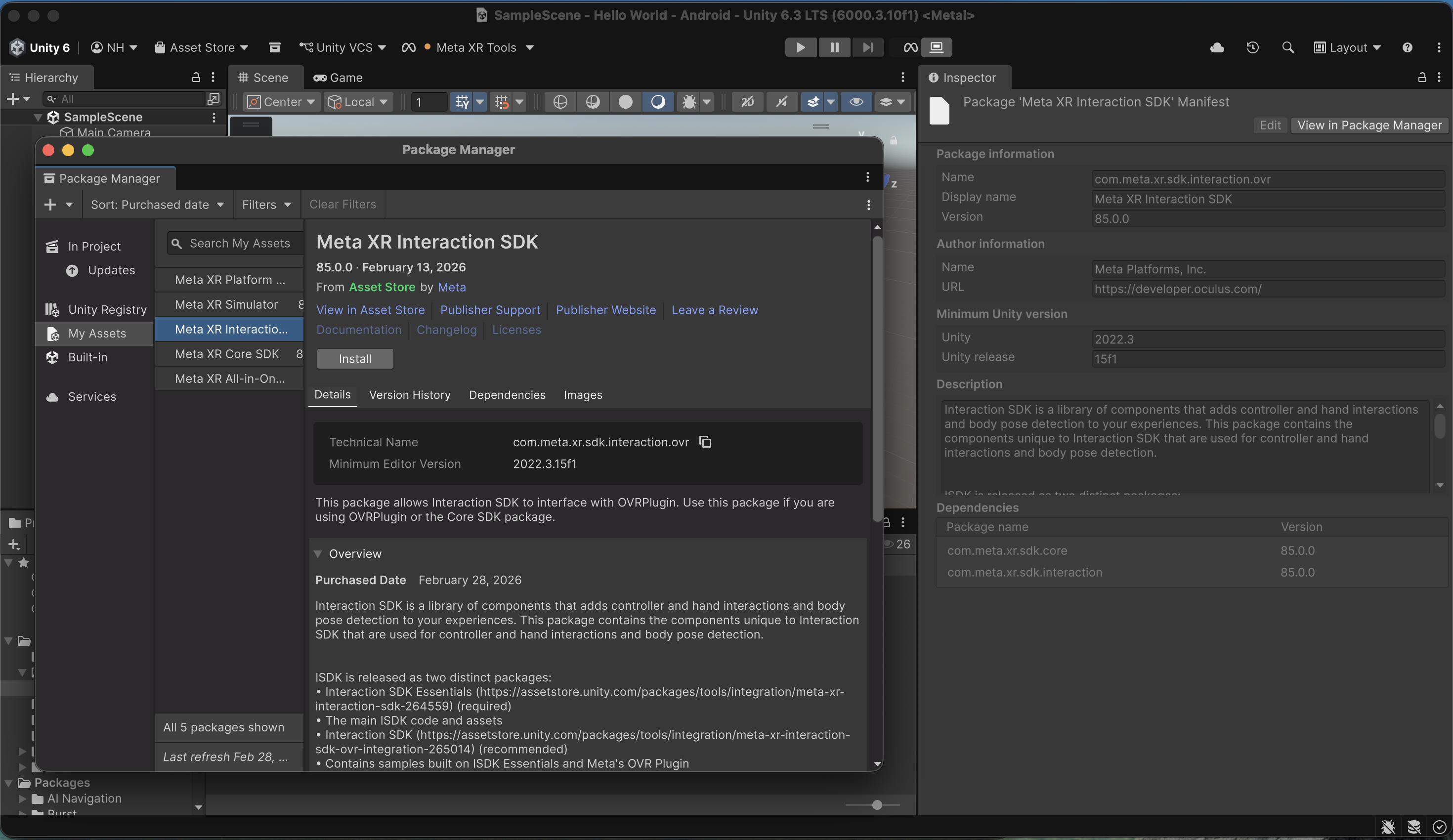 I selected the Meta XR Interaction SDK and clicked Install