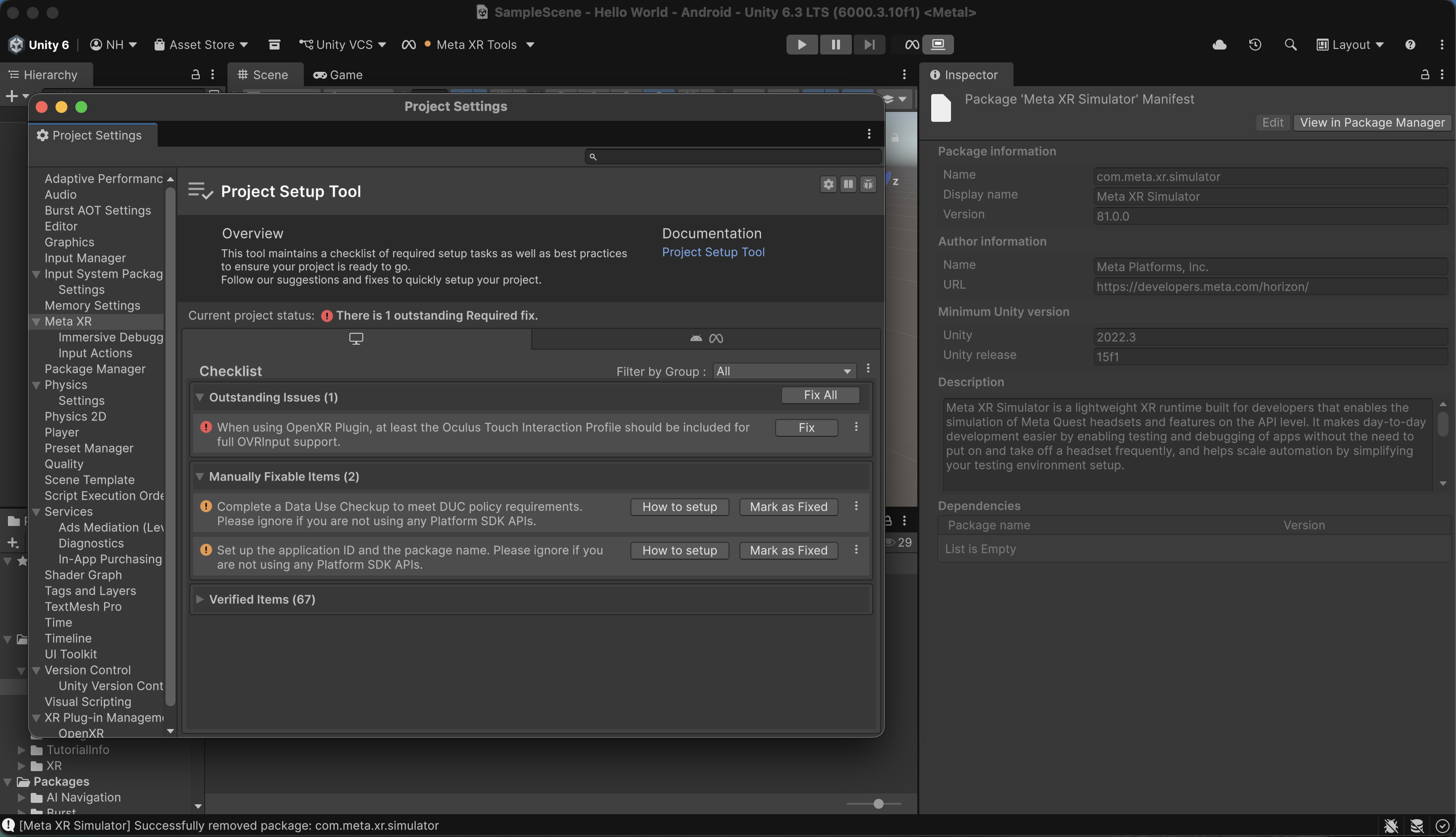 From the top of the Unity Editor, I expanded the Meta XR Tools drop-down list, and then I selected Project Setup Tool.