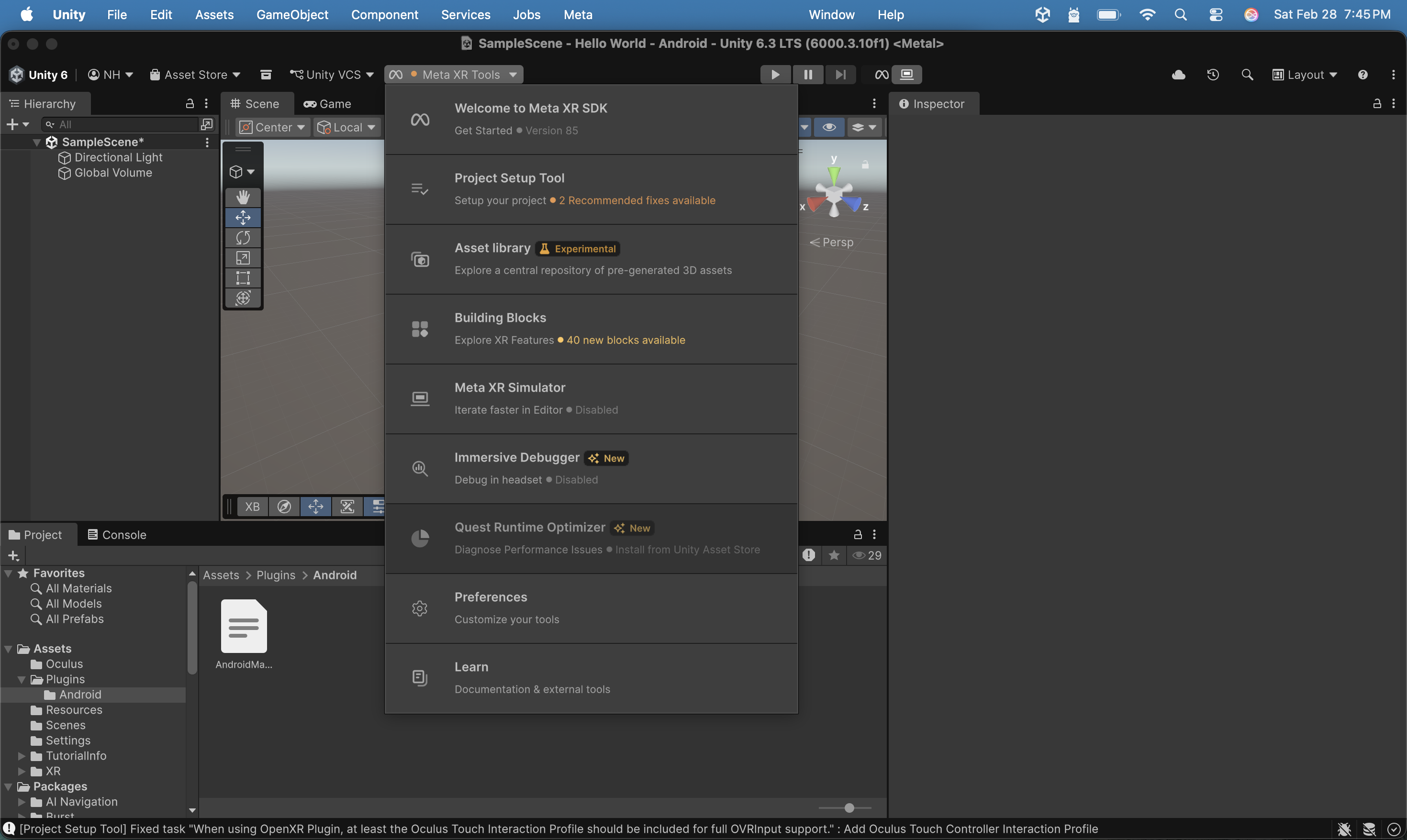 I selected Meta XR Tools > Building Blocks from the drop-down toolbar menu in the editor.