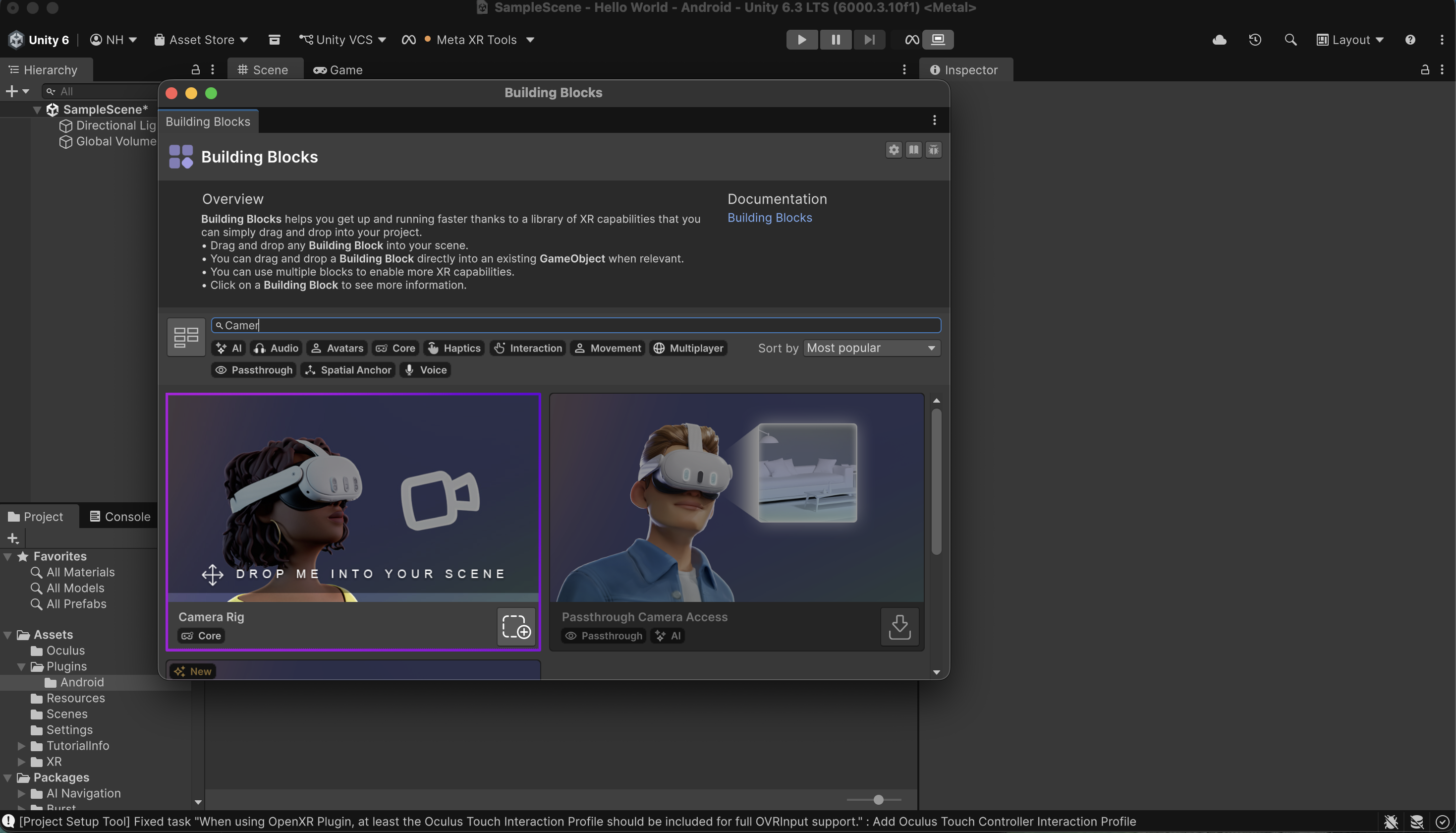 In the Building Blocks window, I found the Camera Rig Building Block, and selected the icon on the bottom right of the block to add it to the project.