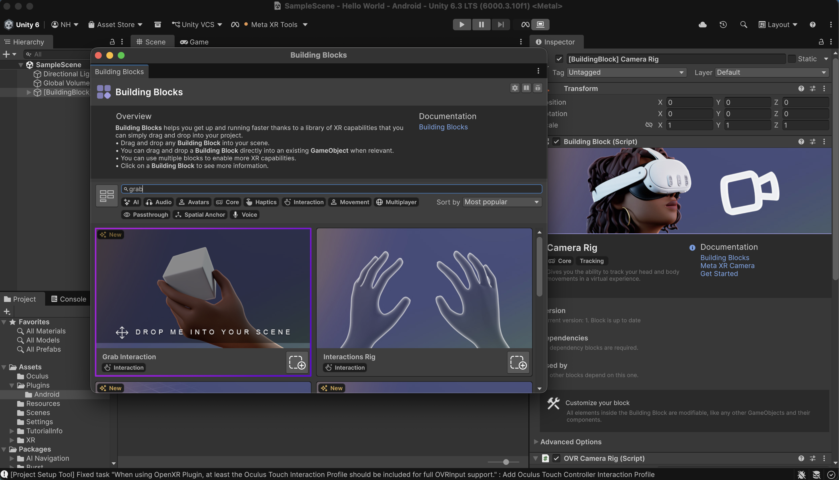 In the Building Blocks window, I found the Grab Interaction Building Block, and I selected the icon on the bottom right of the block to add it to the project.