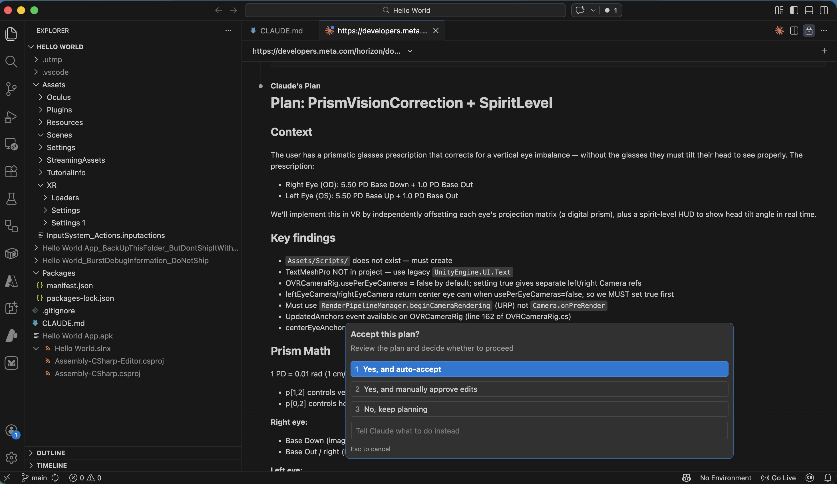 I reviewed Claude Code's plan for PrismVisionCorrection + SpiritLevel and selected Yes, and auto-accept