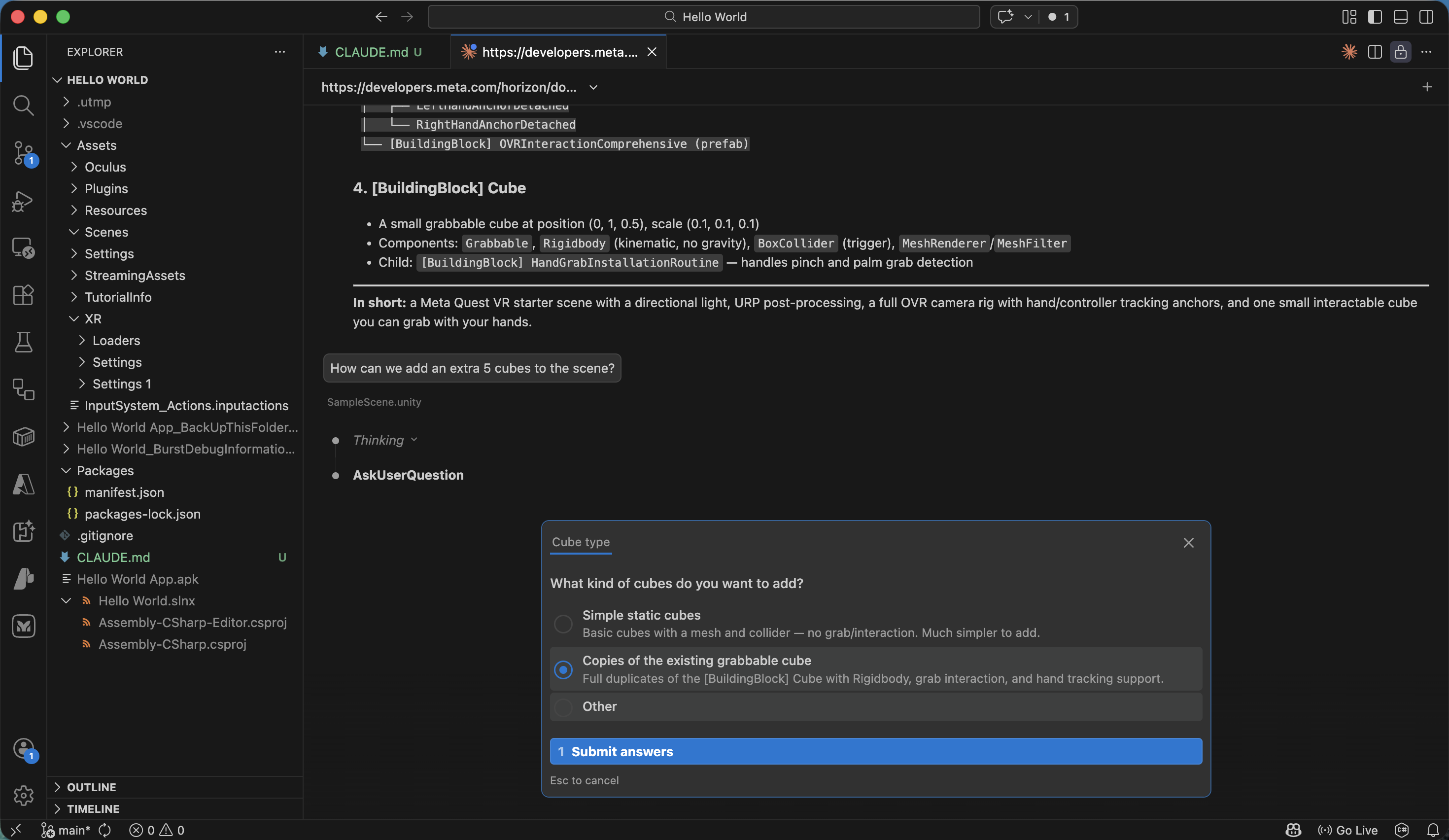 I selected the 'Copies of the existing grabbable cube' option