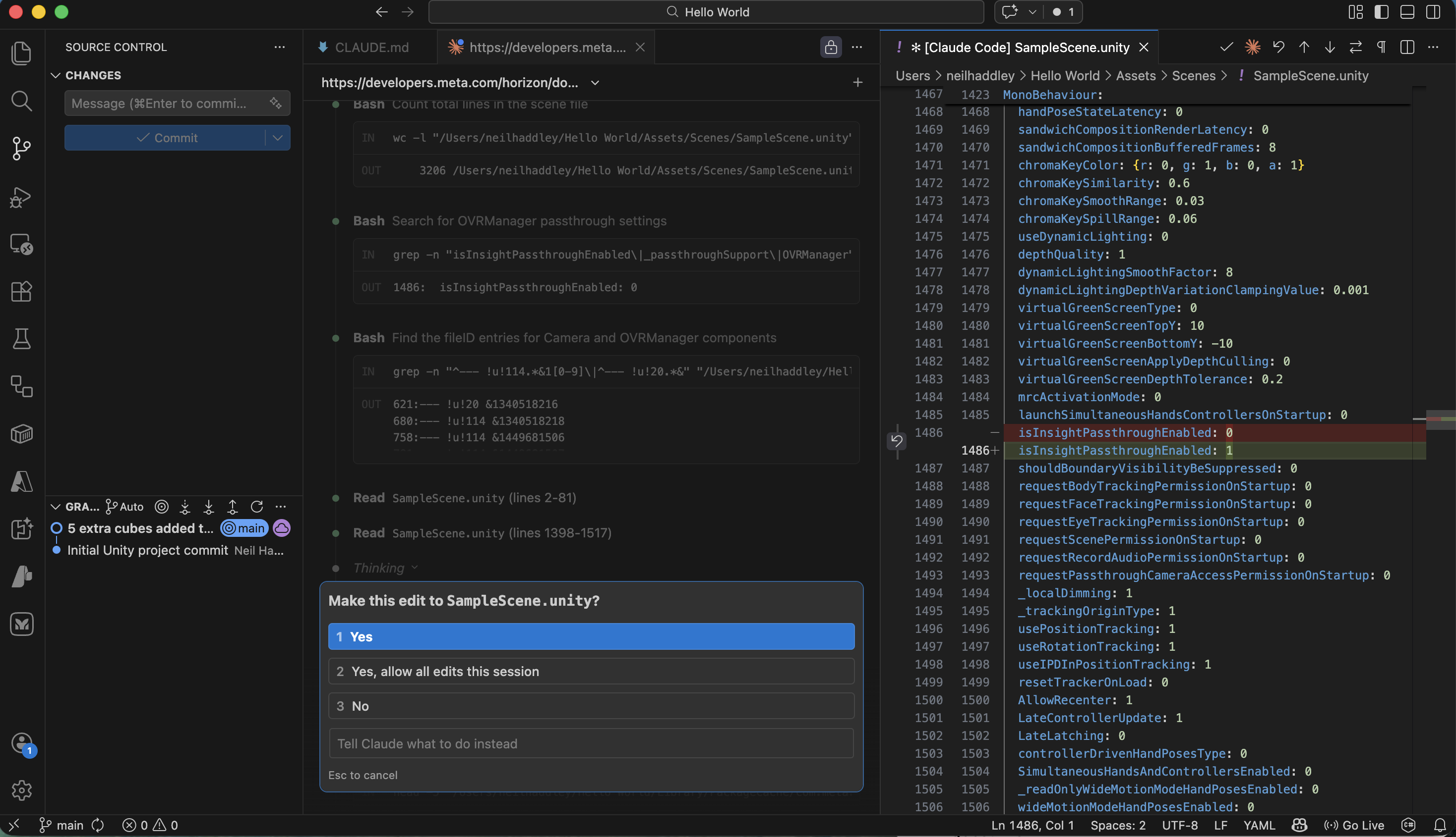 I clicked Yes to apply the first SampleScene.unity edit