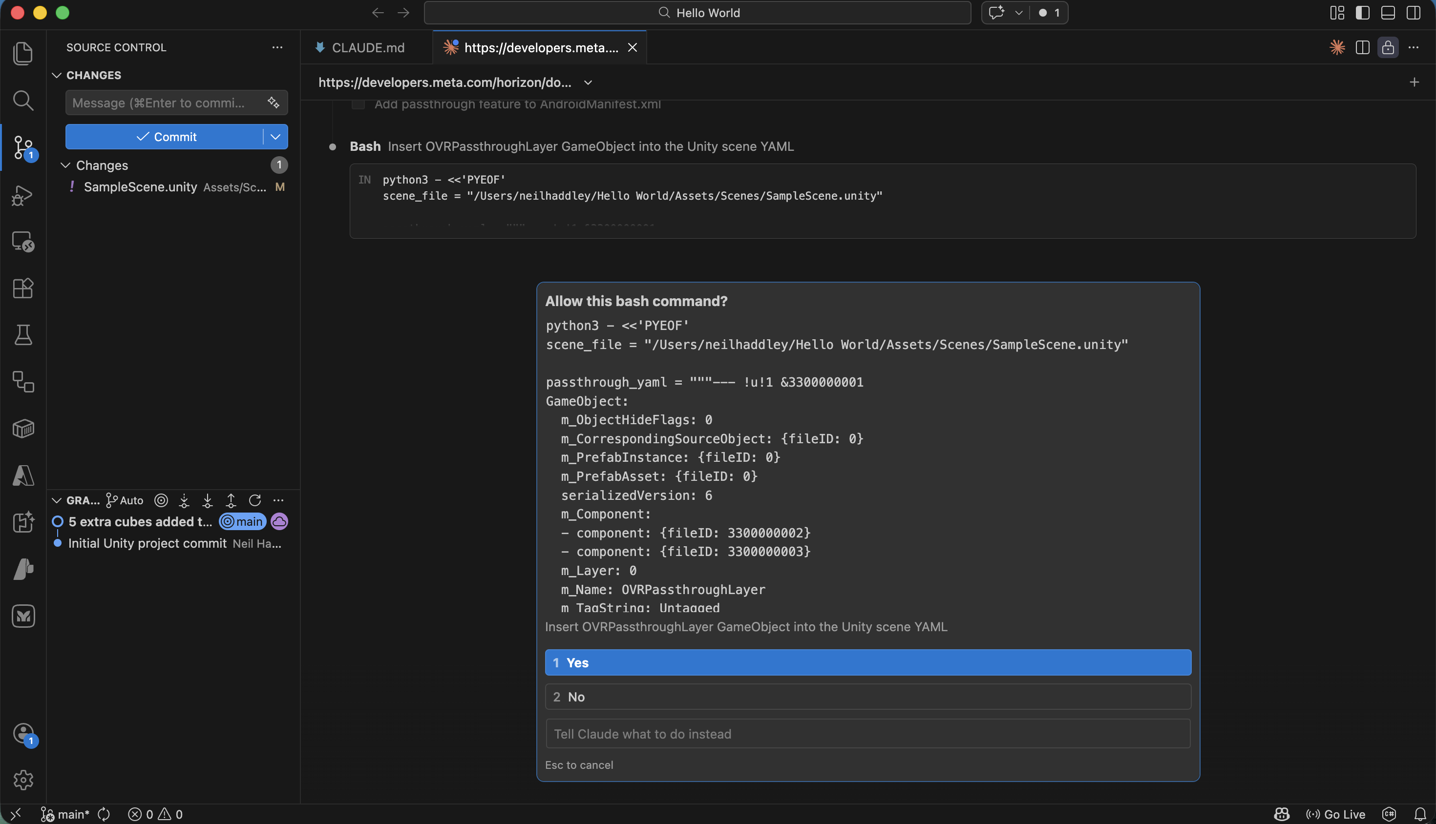 I clicked Yes to allow Claude Code to insert the OVRPassthroughLayer object into the scene