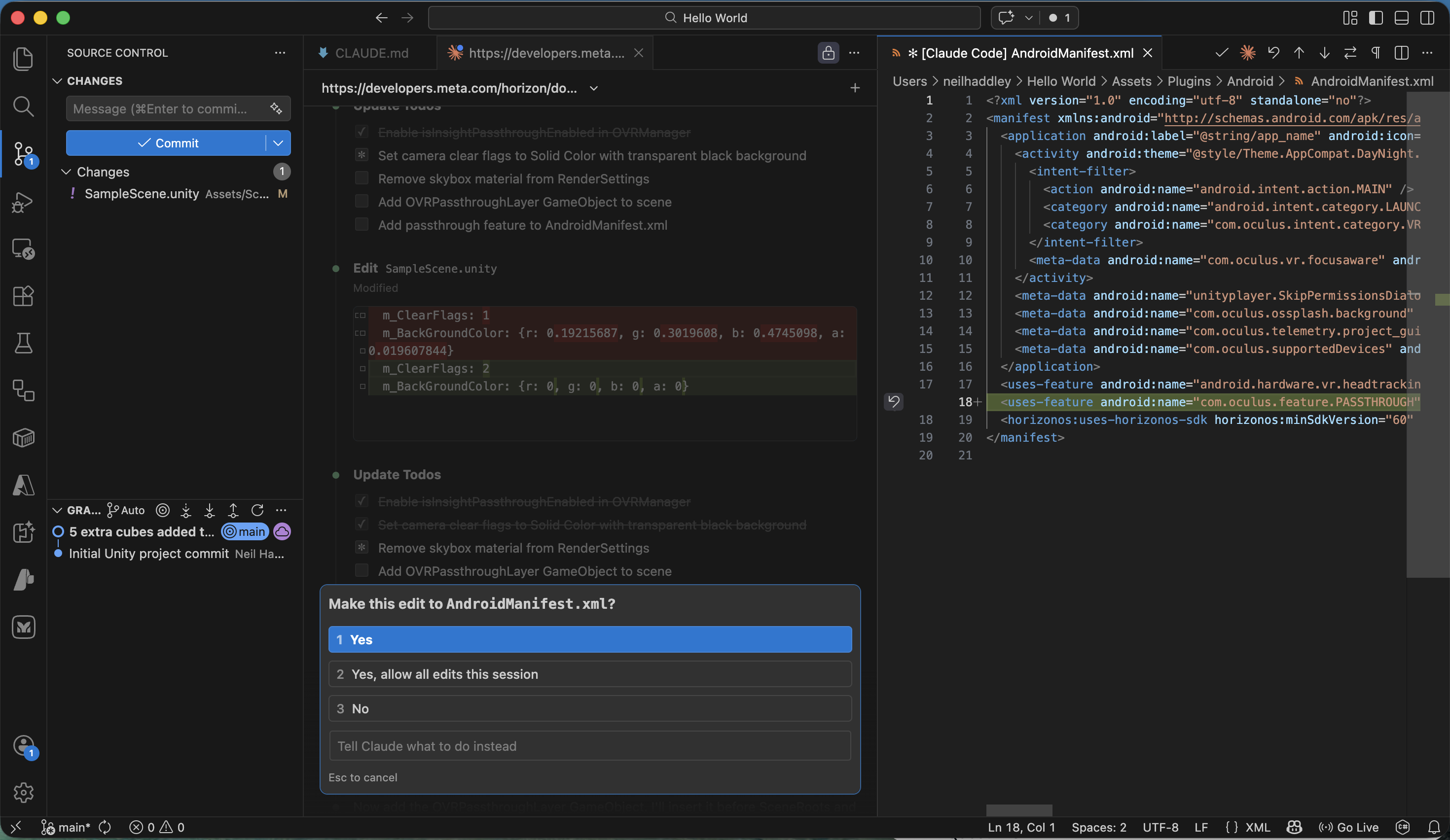 I clicked Yes to allow Claude Code to edit the AndroidManifest.xml