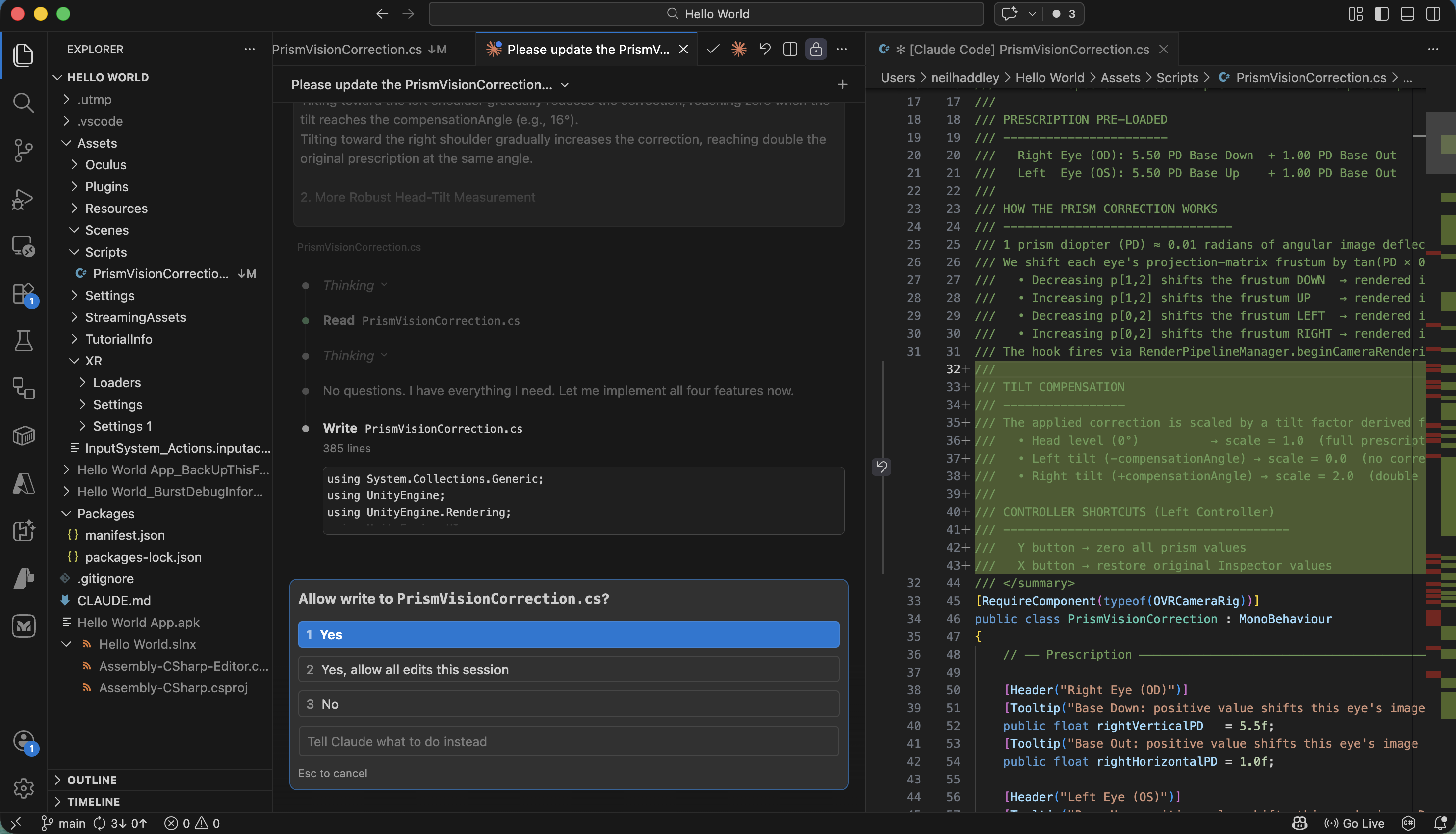 I clicked Yes to allow Claude Code to write the updated PrismVisionCorrection.cs