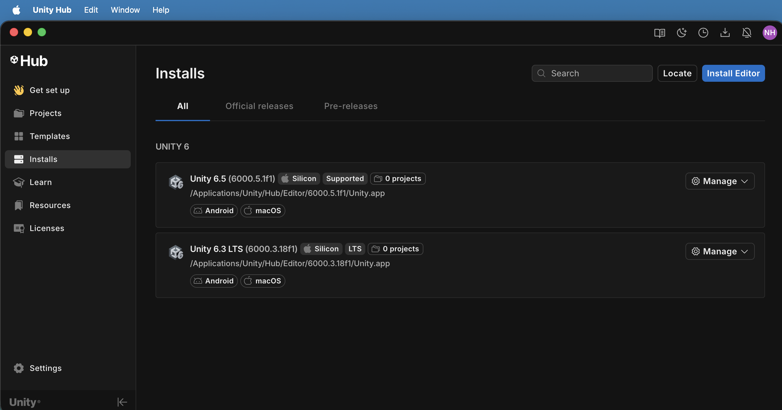 I opened Unity Hub and saw Unity 6.5 (6000.5.1f1) and Unity 6.3 LTS (6000.3.18f1) both installed with Android and macOS support.