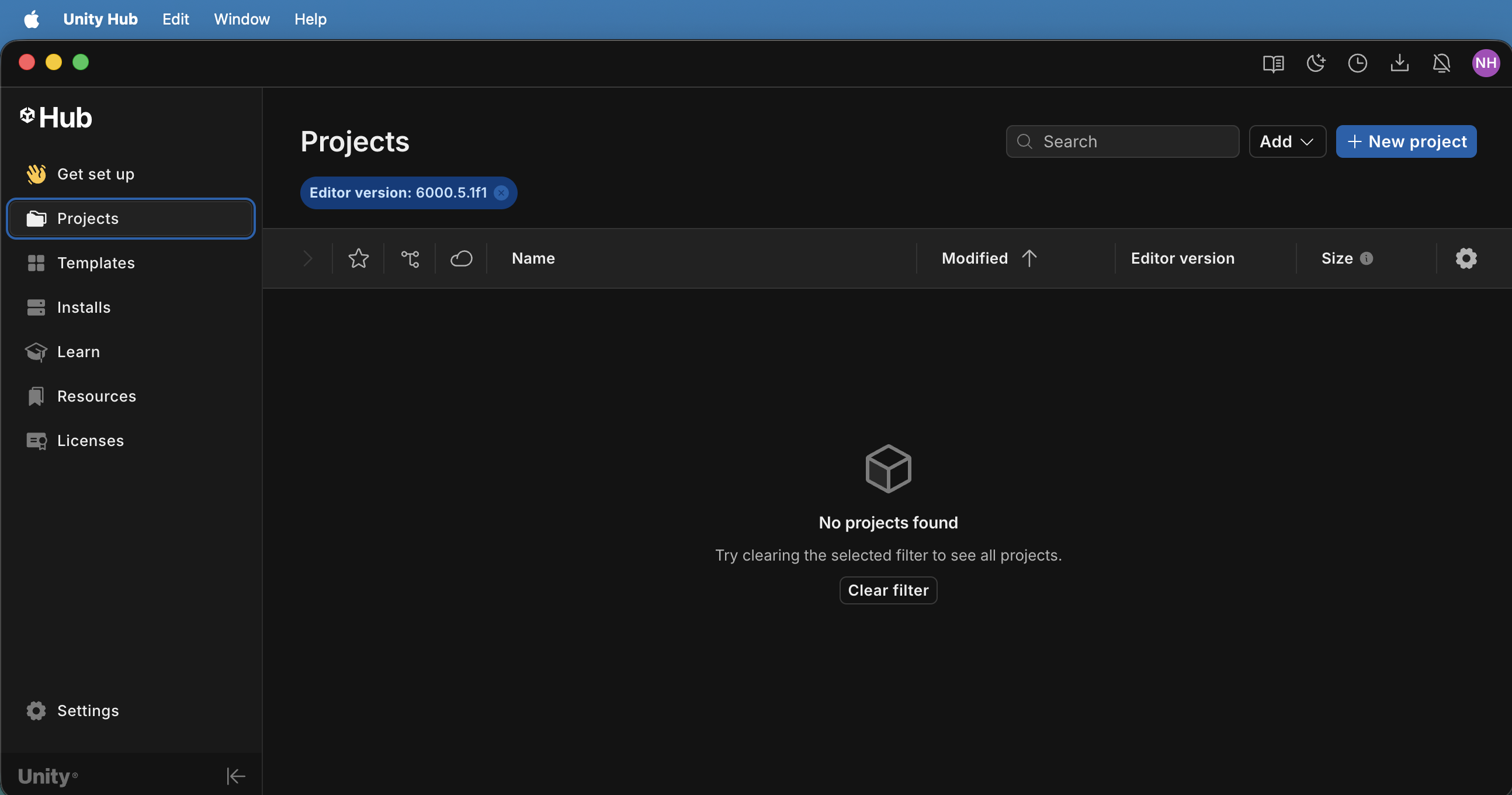 I switched to the Projects tab and saw no existing projects.