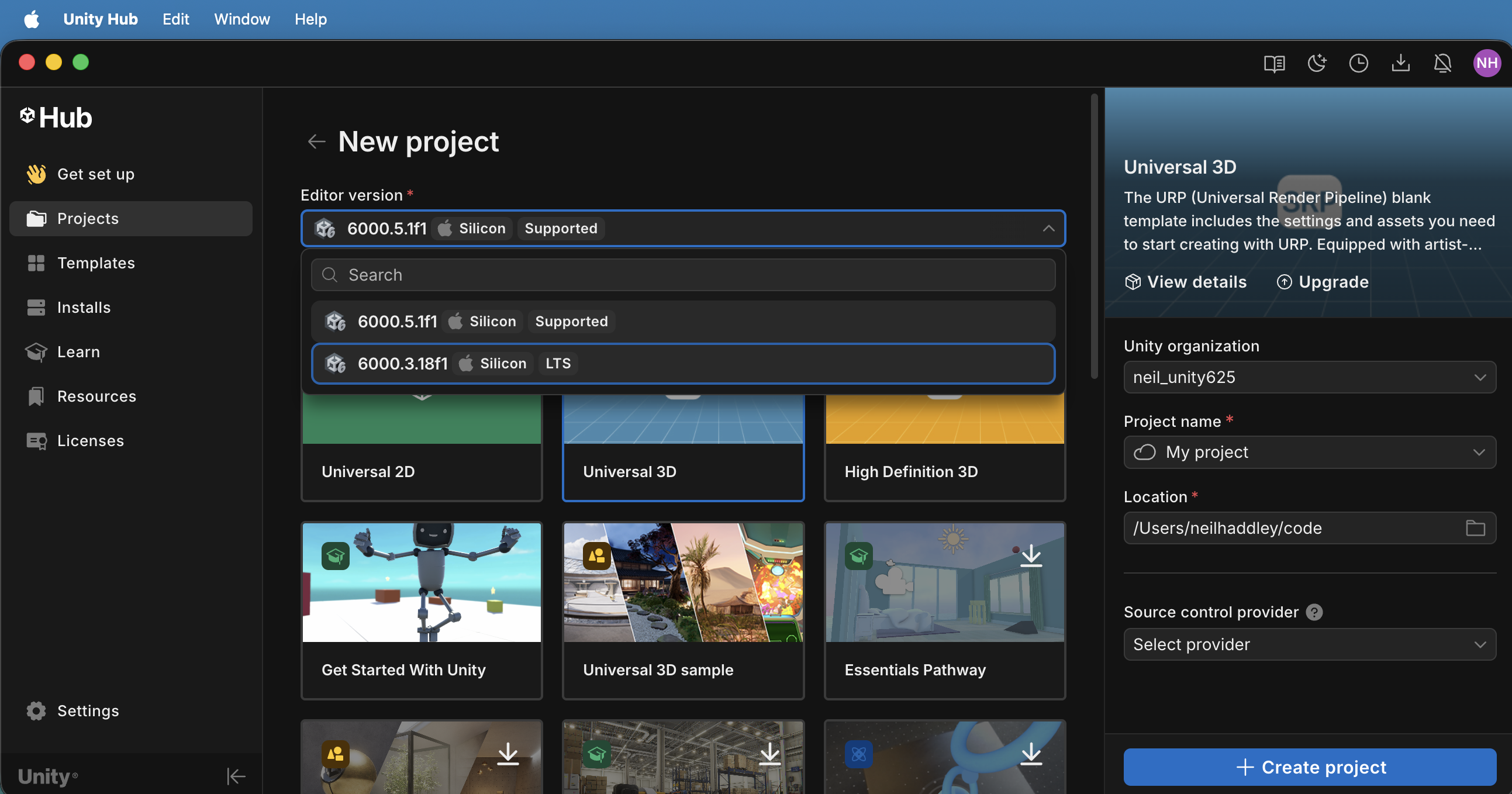 I opened the editor version dropdown in the New Project dialog and saw both Unity 6 versions available, with the Universal 3D template selected.
