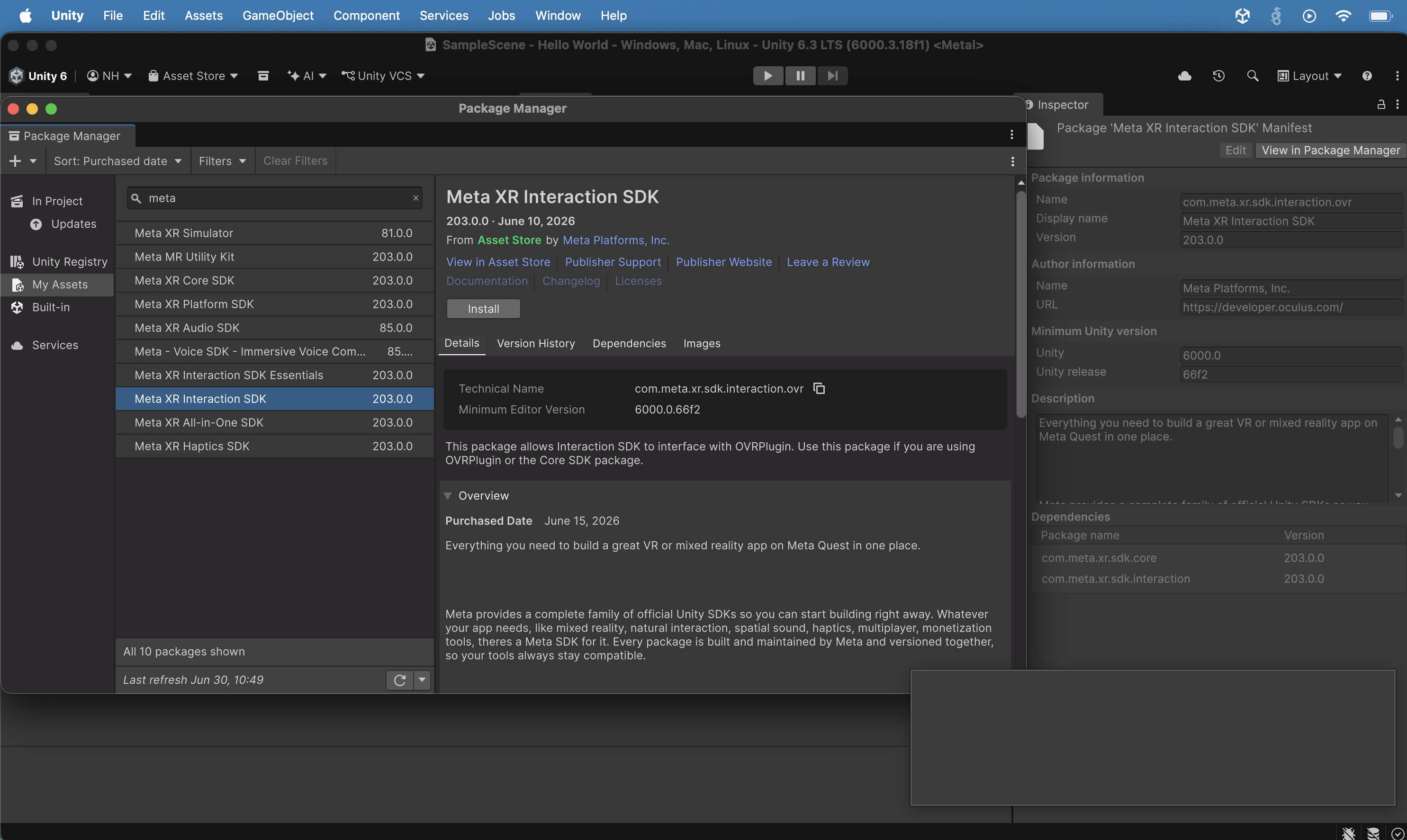 I found the Meta XR Interaction SDK 203.0.0 in the Package Manager Asset Store tab and clicked Install.