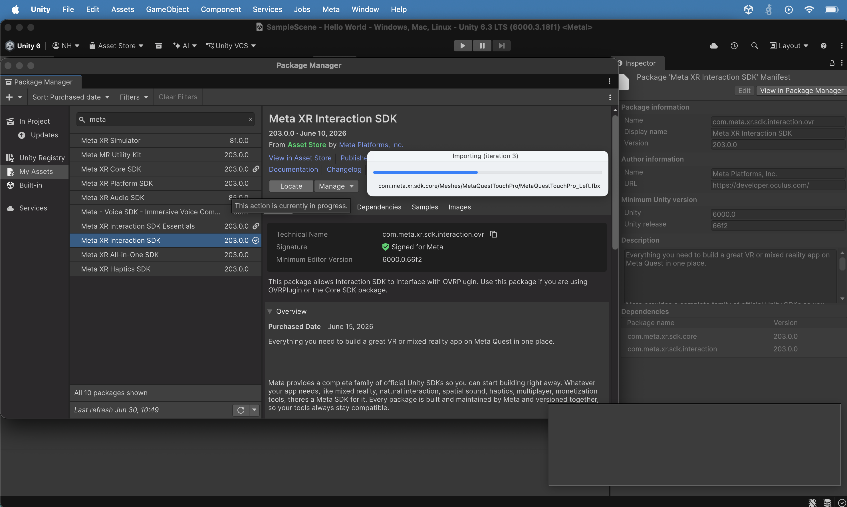 The Meta XR Interaction SDK began importing, showing a progress bar at "Importing iteration 3".