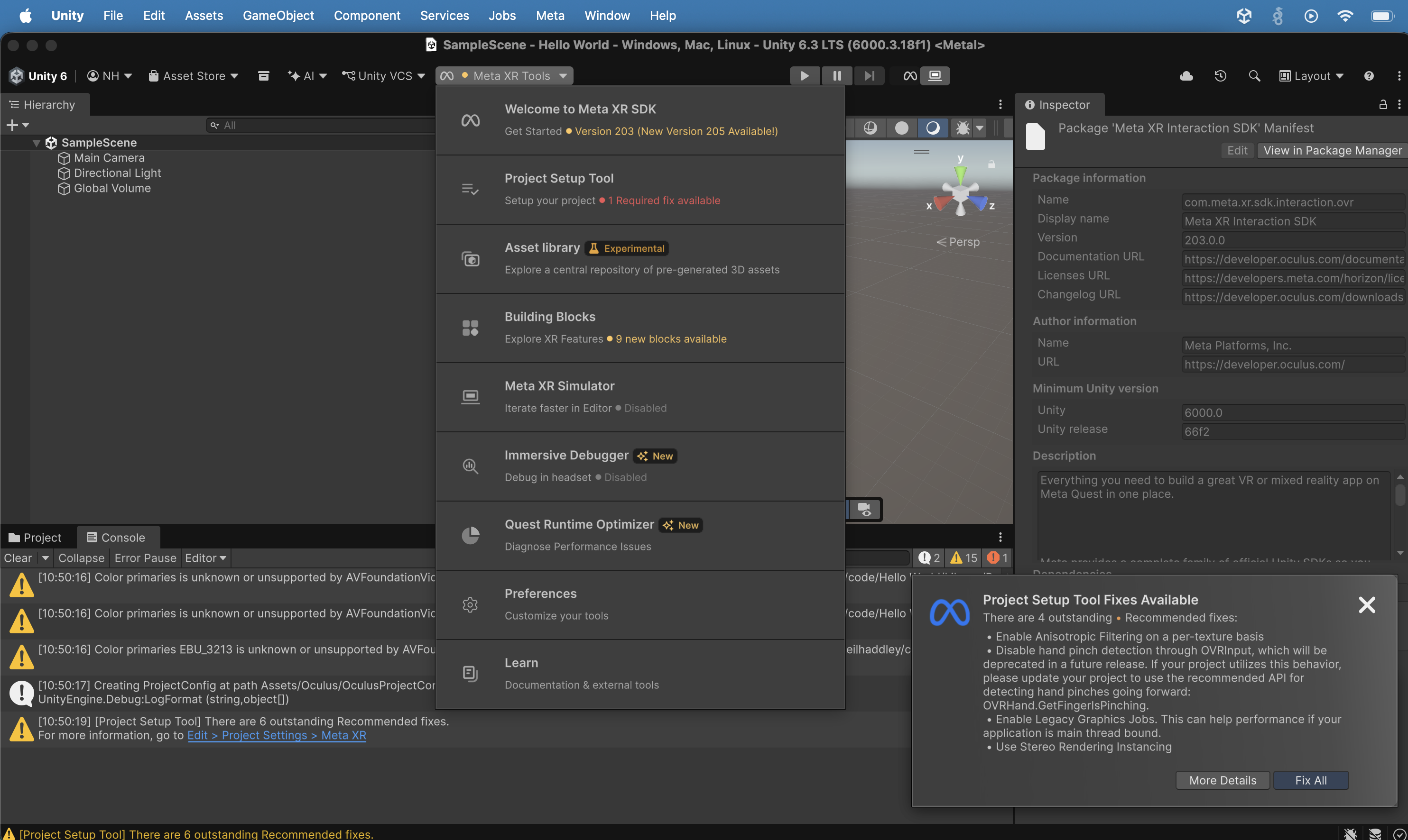 I opened the Meta XR Tools menu and saw a "Project Setup Tool Fixes Available" popup indicating 4 recommended fixes.