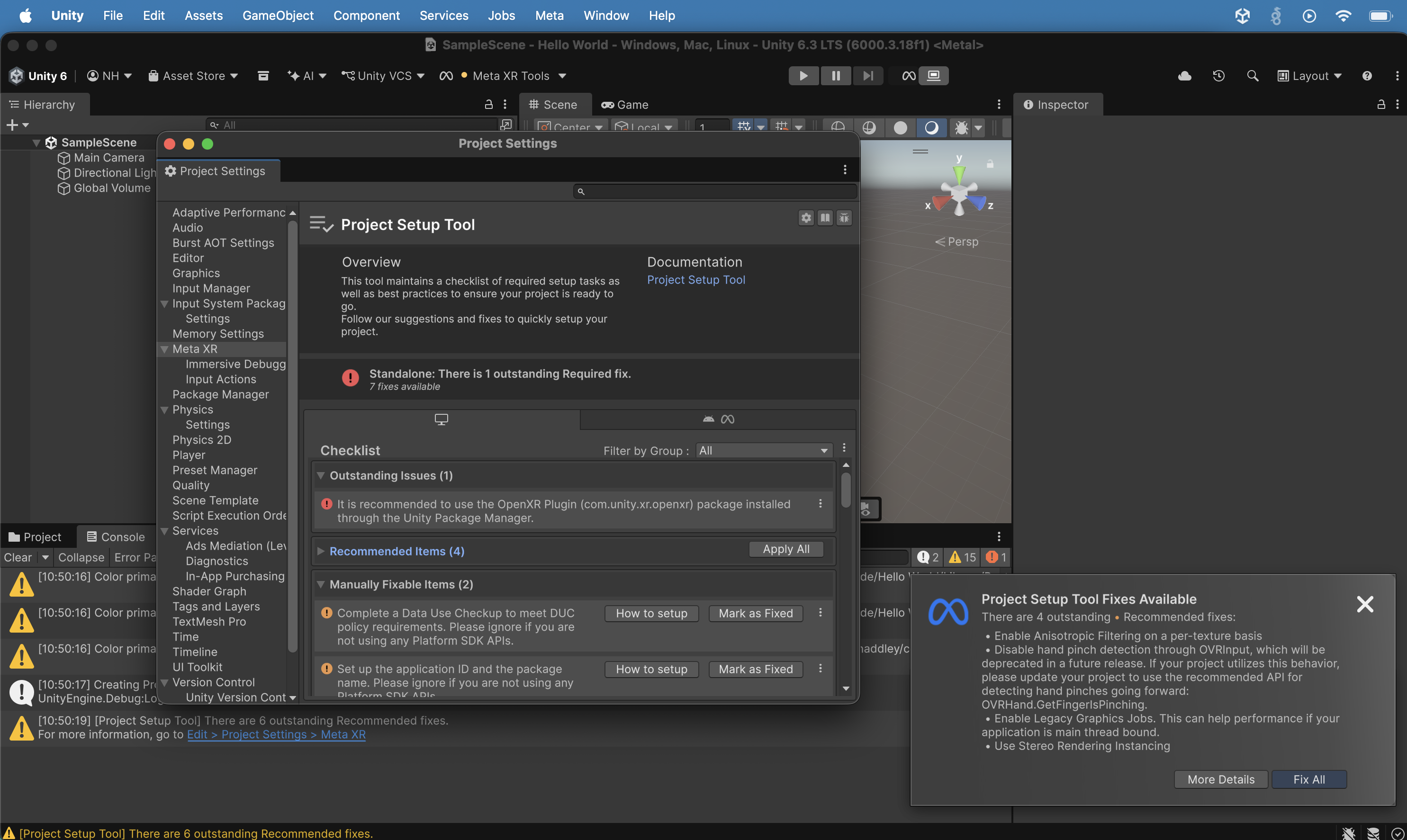I opened Project Settings > Meta XR > Project Setup Tool on the Standalone platform and saw 1 Required fix, 4 Recommended Items, and 2 Manually Fixable Items. I clicked the first "Mark as Fixed" button.