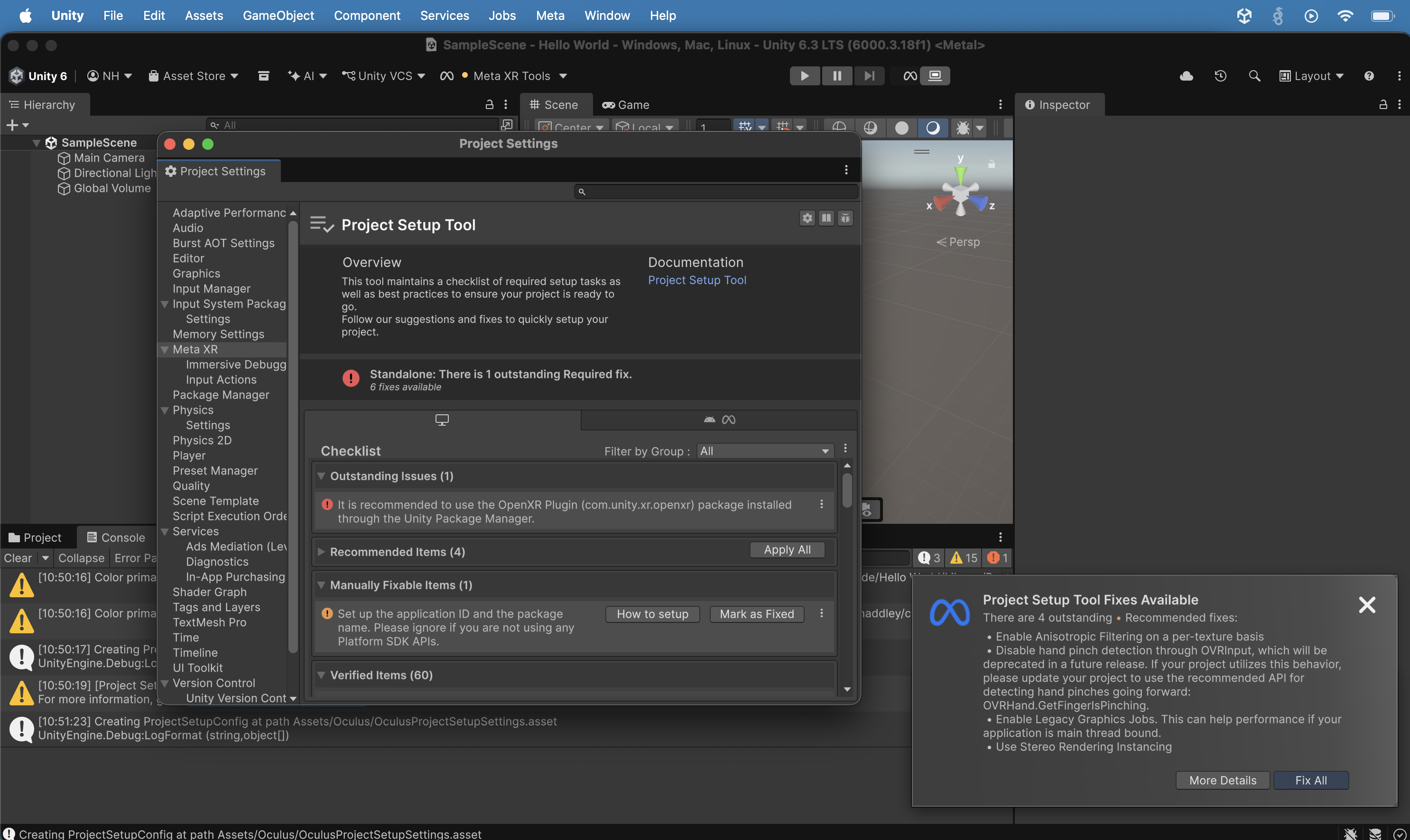 The Project Setup Tool showed 1 Outstanding Issue (OpenXR Plugin), 4 Recommended Items, 1 Manually Fixable Item, and 60 Verified Items. I clicked the second "Mark as Fixed" button.
