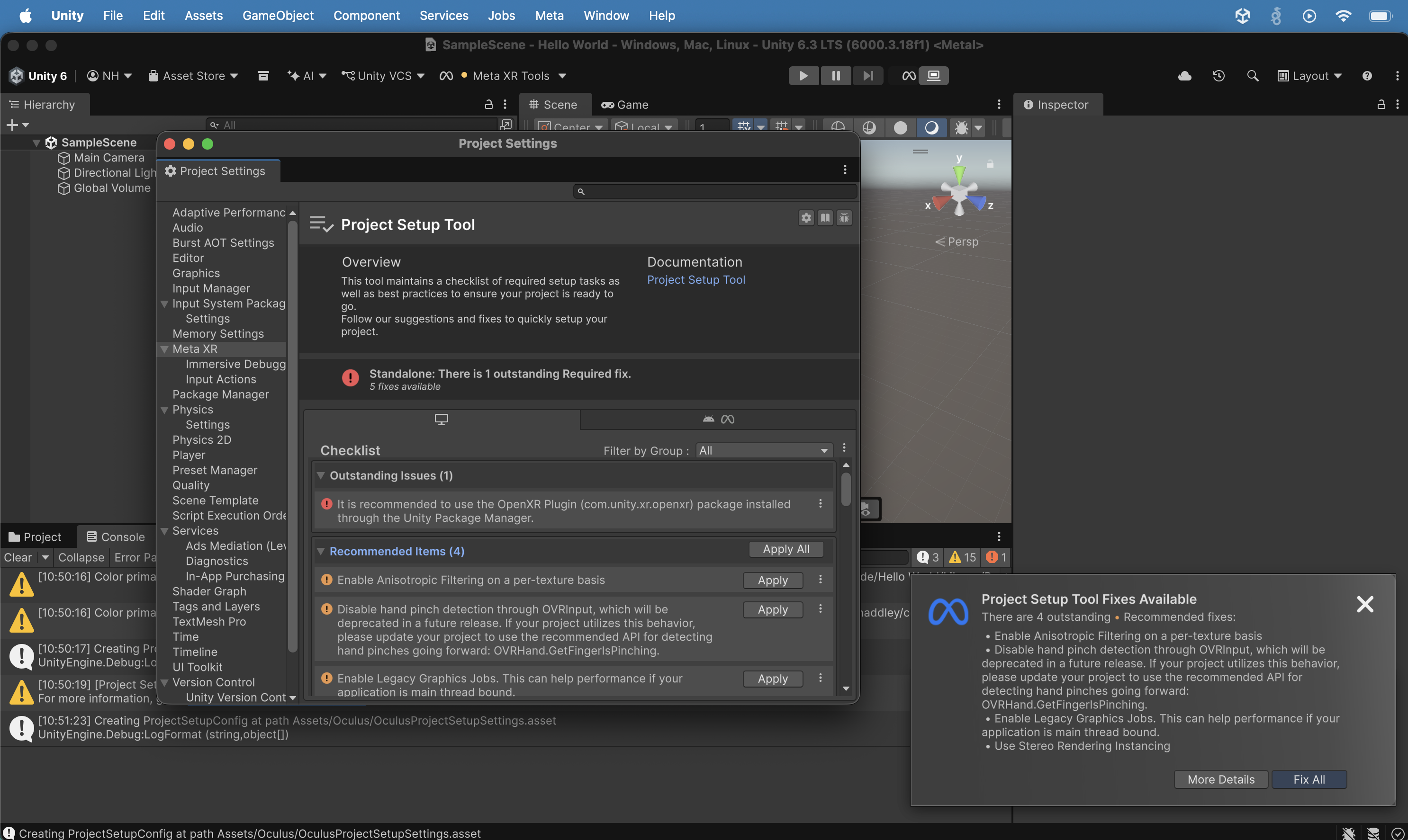 I expanded the Recommended Items section showing 4 fixes: Enable Anisotropic Filtering, Disable hand pinch detection through OVRInput, Enable Legacy Graphics Jobs, and Use Stereo Rendering Instancing. I clicked the "Apply All" button.