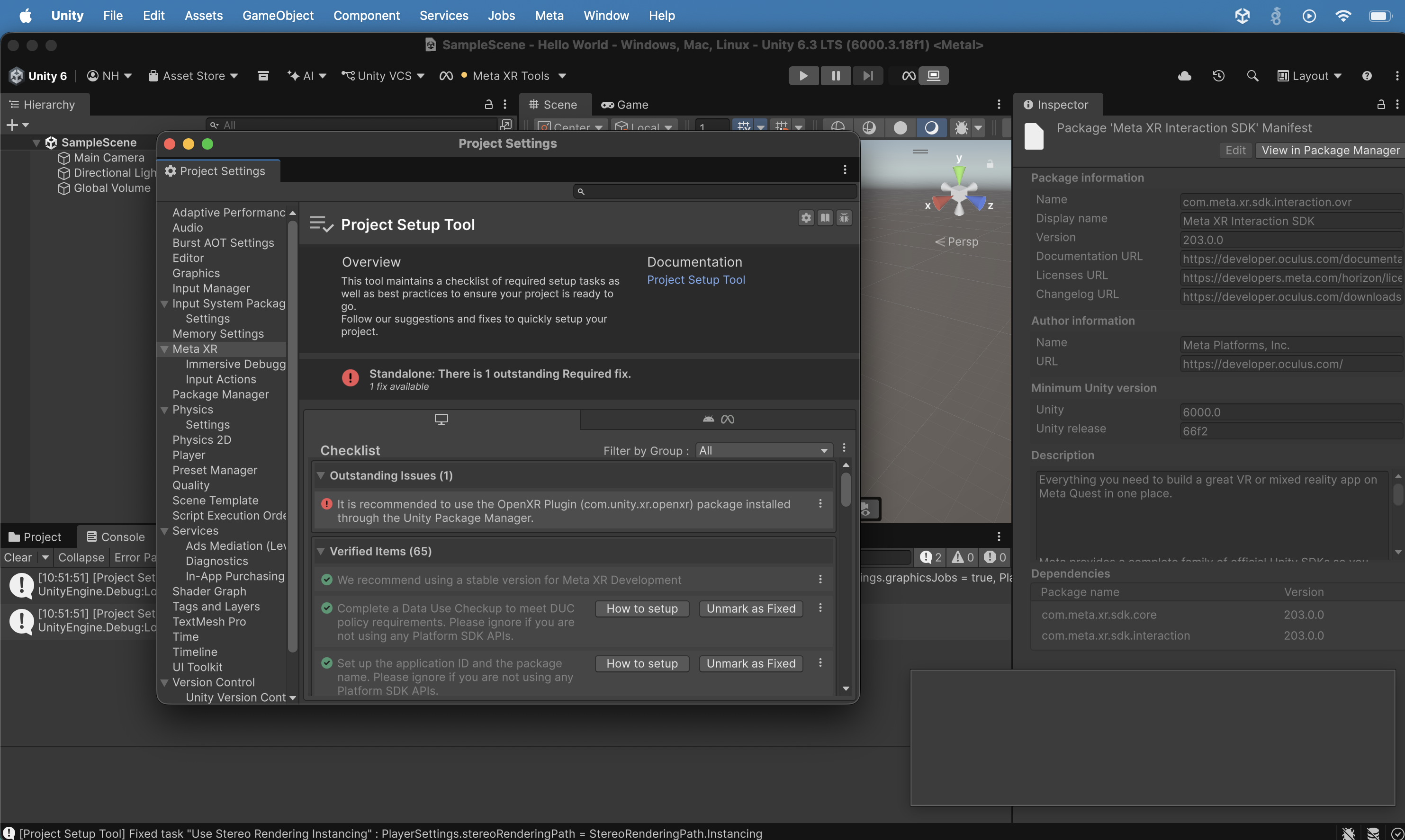 I applied the recommended fixes and the count dropped to 1 remaining fix (OpenXR Plugin) with 65 Verified Items. Notice that there was still one error displayed.