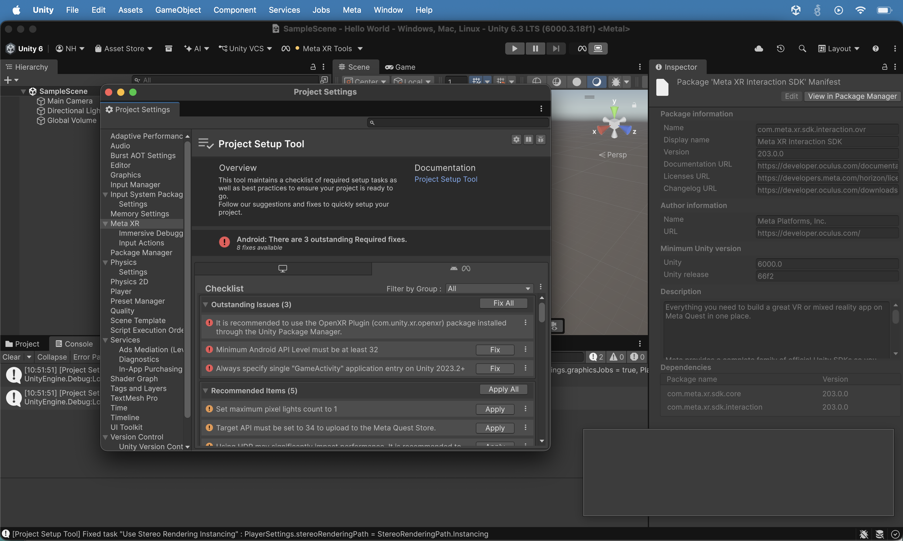 The Outstanding Issues section showed OpenXR Plugin, Minimum Android API Level 32, and Always specify single "GameActivity"; Recommended Items included pixel lights, Target API 34, HDR, and MSAA. I clicked the "Fix All" button