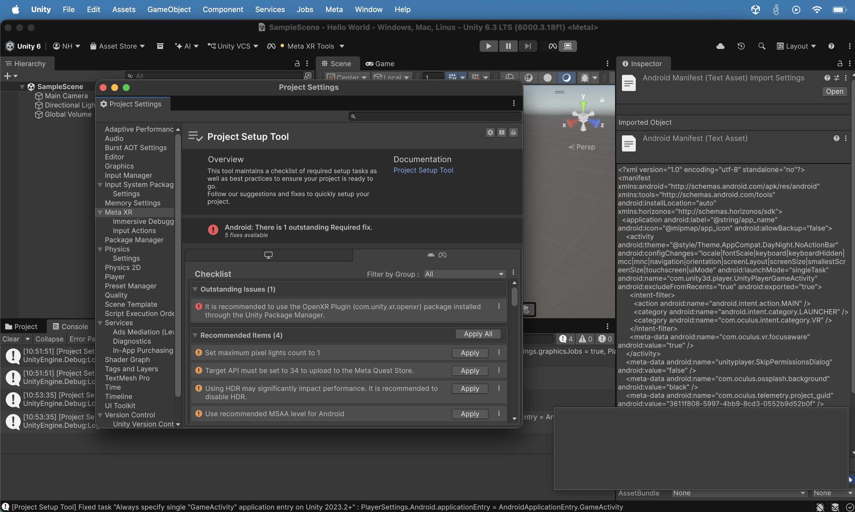 The Android Project Setup Tool showed 1 Required fix remaining with 5 total available, and the Inspector displayed the Android Manifest XML. I clicked the "Apply All" button.