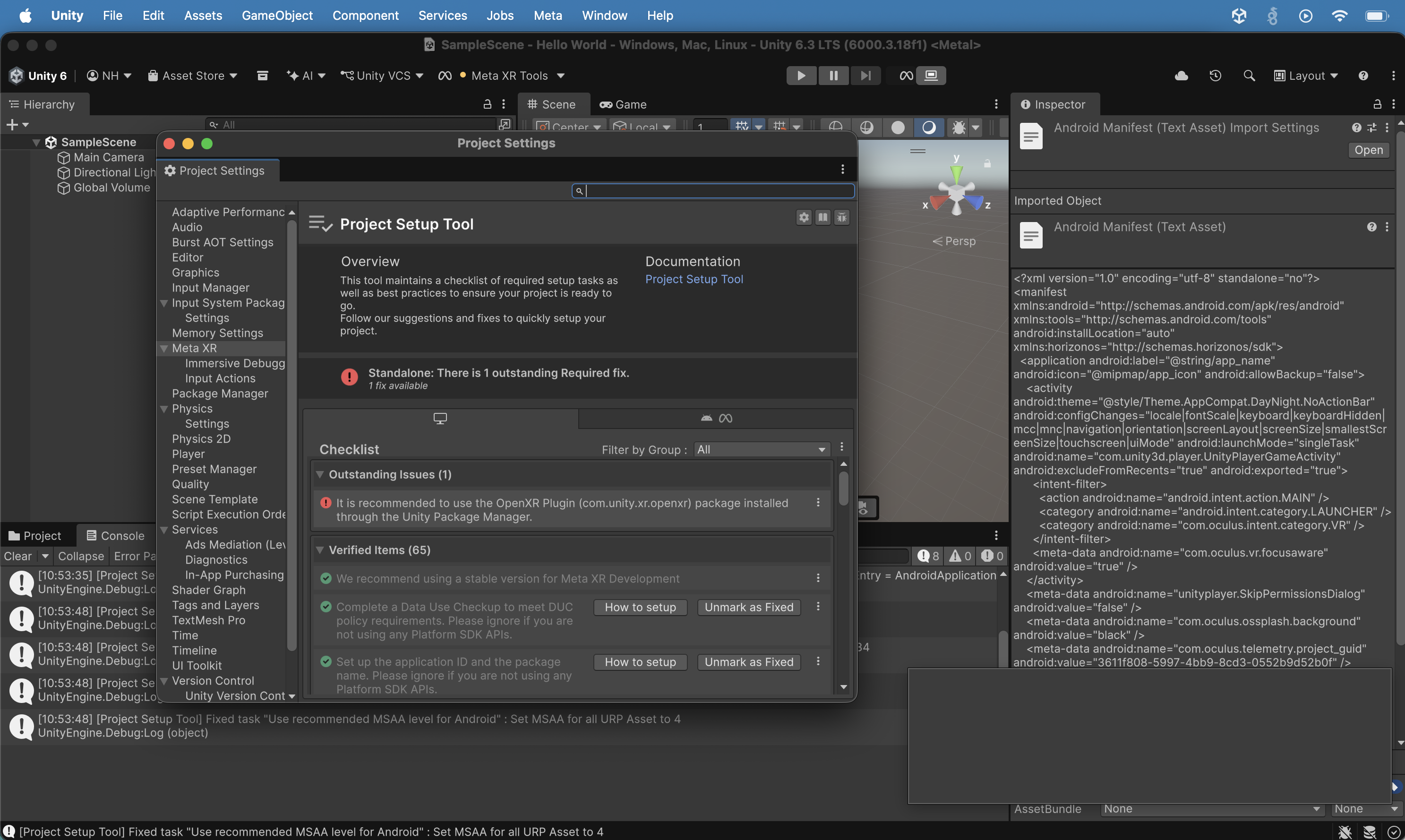 The Project Setup Tool (Android) showed 1 Outstanding Required fix for OpenXR Plugin with 65 Verified Items, and the Inspector showed the Android Manifest XML. Notice that there was still one error displayed.