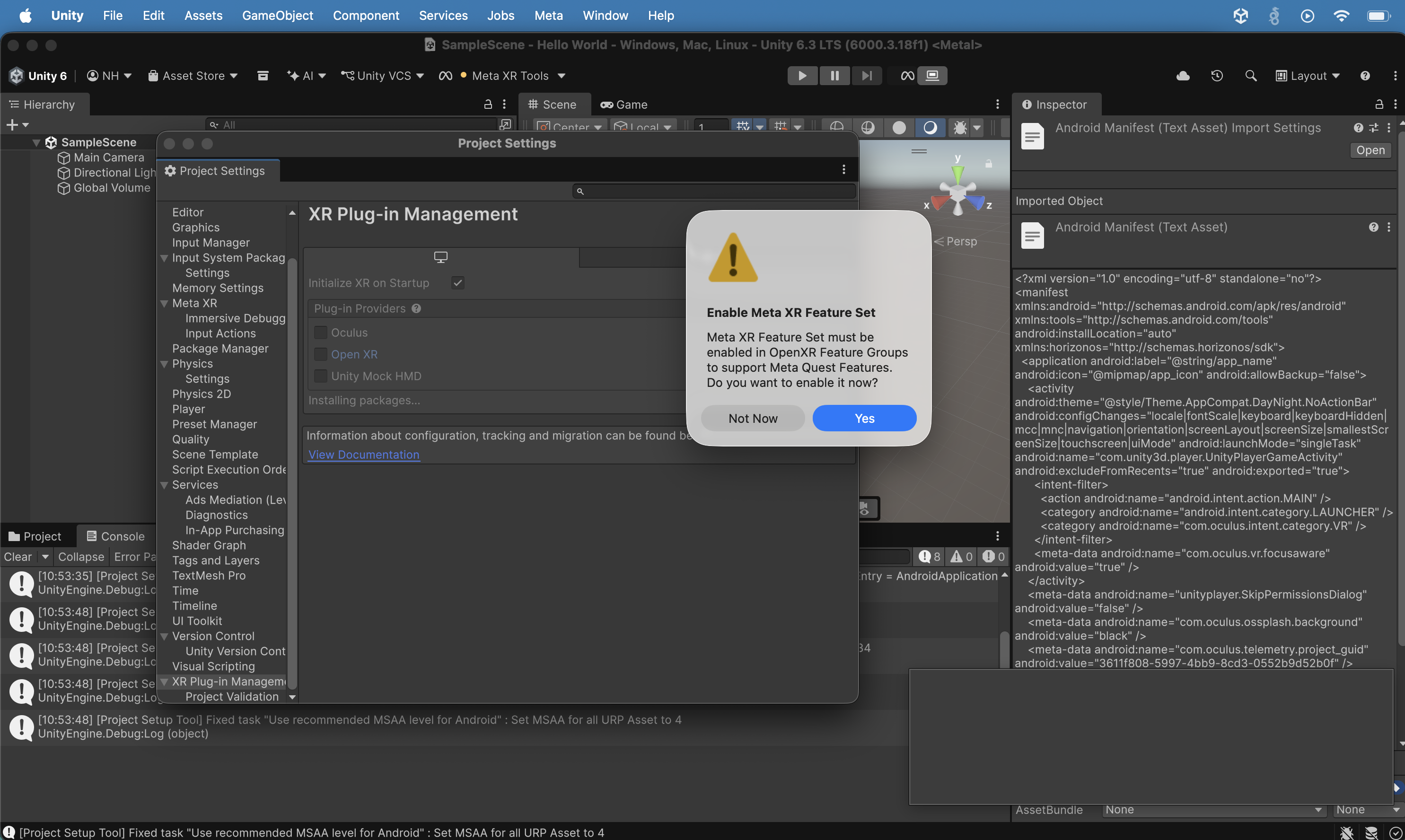 A dialog appeared asking whether to enable the Meta XR Feature Set in OpenXR Feature Groups to support Meta Quest features; I clicked Yes.