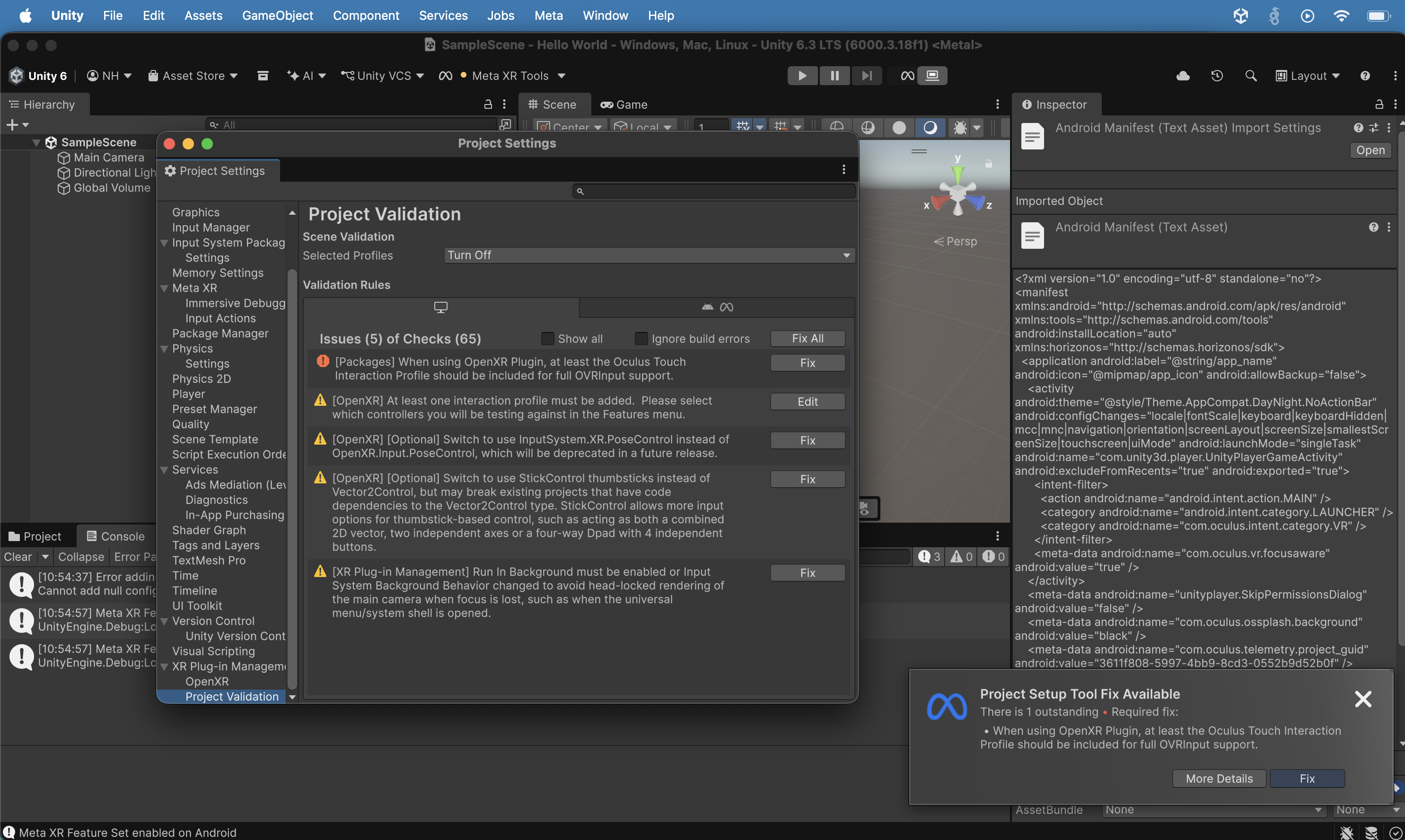 Project Validation showed 5 issues of 65 checks, including the OpenXR Touch Interaction Profile, InputSystem.XR.PoseControl, StickControl thumbsticks, and Run In Background; a "Project Setup Tool Fix Available" popup appeared. I clicked the "Fix All" button