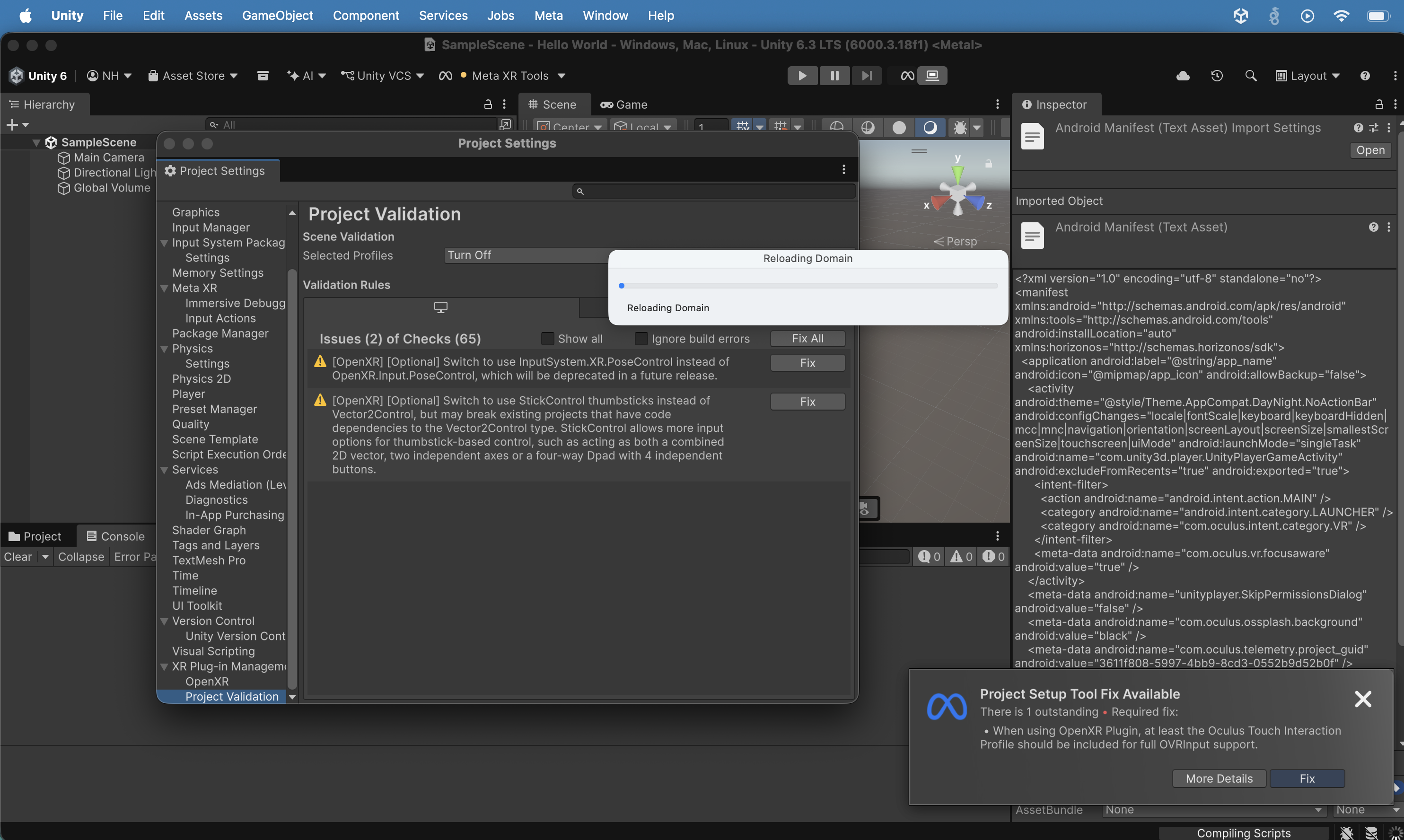 After fixing required issues, Project Validation showed 2 remaining optional warnings (PoseControl and StickControl) while the domain reloaded.