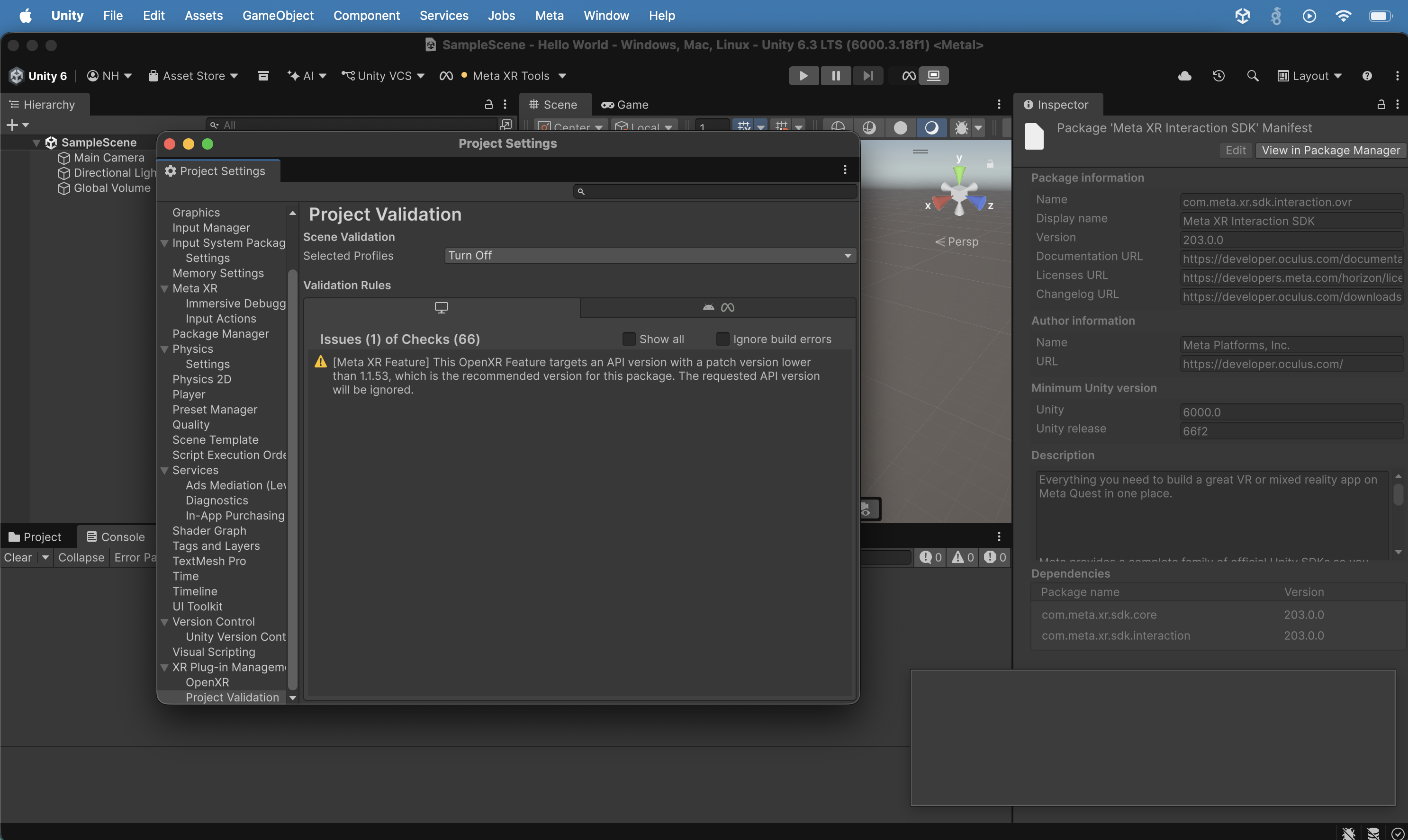 Project Validation showed 1 remaining issue about the Meta XR Feature targeting an older OpenXR API version; the Inspector showed the Meta XR Interaction SDK package info (version 203.0.0 by Meta Platforms Inc.).