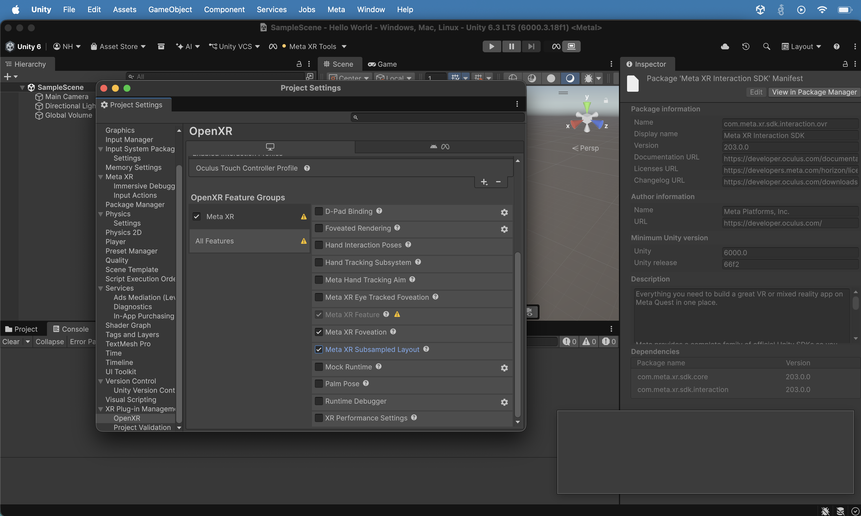 I viewed the OpenXR Feature Groups settings with the Meta XR group selected, I clicked the "Meta XR Subsampled Layout" radio button.