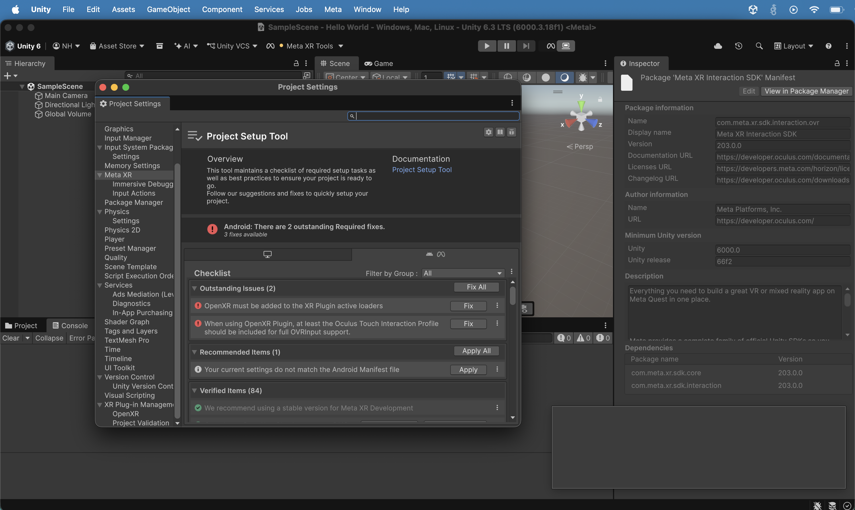 Back in the Project Setup Tool (Android), I saw 2 Outstanding Required fixes: OpenXR must be added to XR Plugin active loaders, and the Oculus Touch Interaction Profile was missing; 1 Recommended Item (Android Manifest mismatch) and 84 Verified Items. I clicked the "Fix All" button