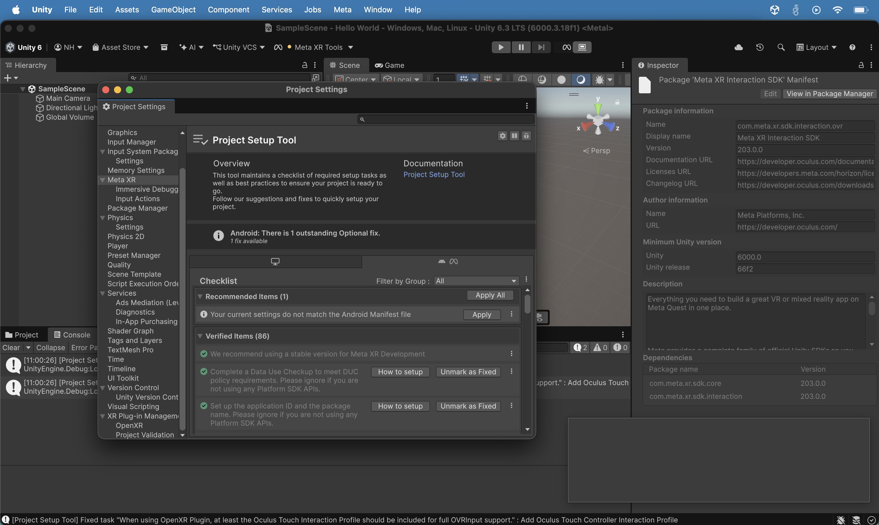 After fixing both required issues, the Project Setup Tool showed only 1 outstanding Optional fix (Android Manifest mismatch) with 86 Verified Items. I cicked the "Apply All" button.
