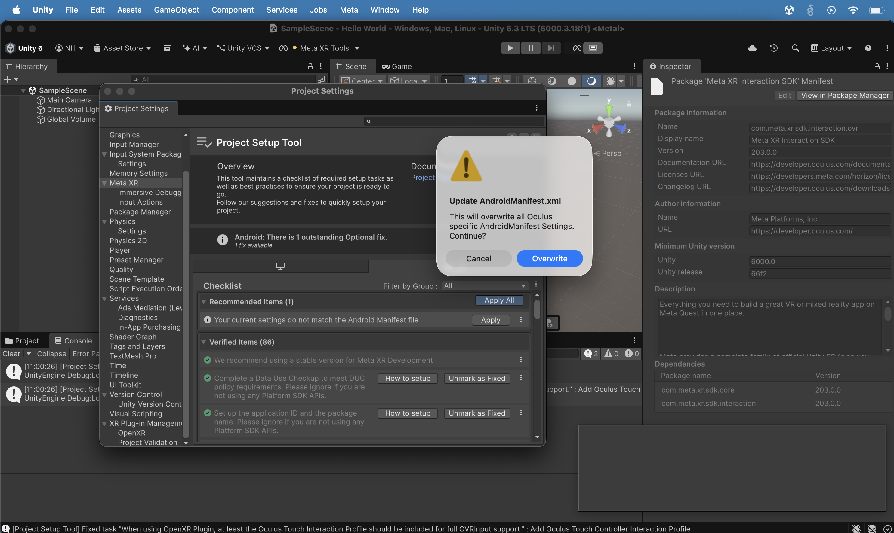 A dialog appeared asking to overwrite Oculus-specific AndroidManifest.xml settings; I clicked Overwrite.