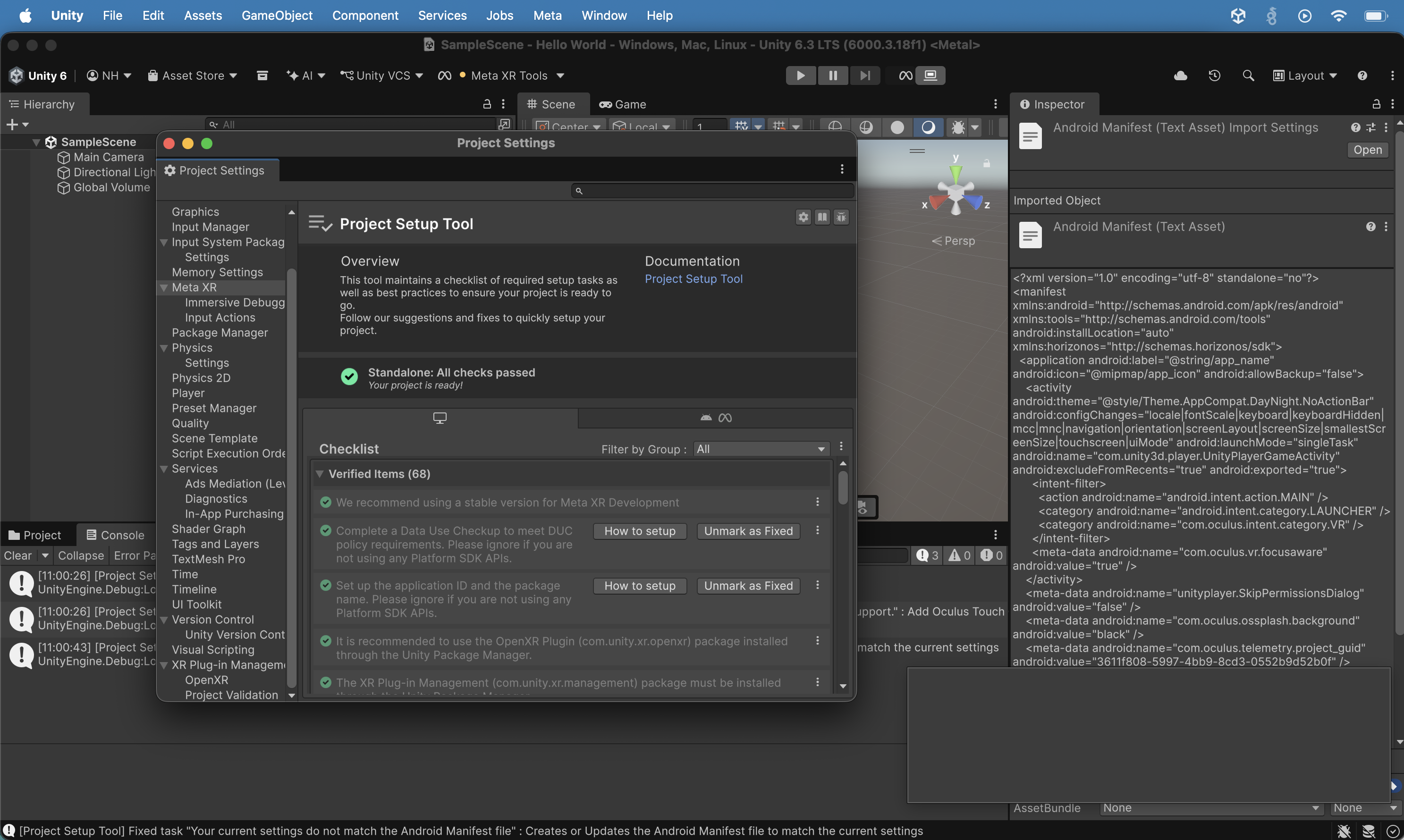 The Project Setup Tool (Standalone) also showed "Standalone: All checks passed — Your project is ready!" with a green checkmark and 68 Verified Items.