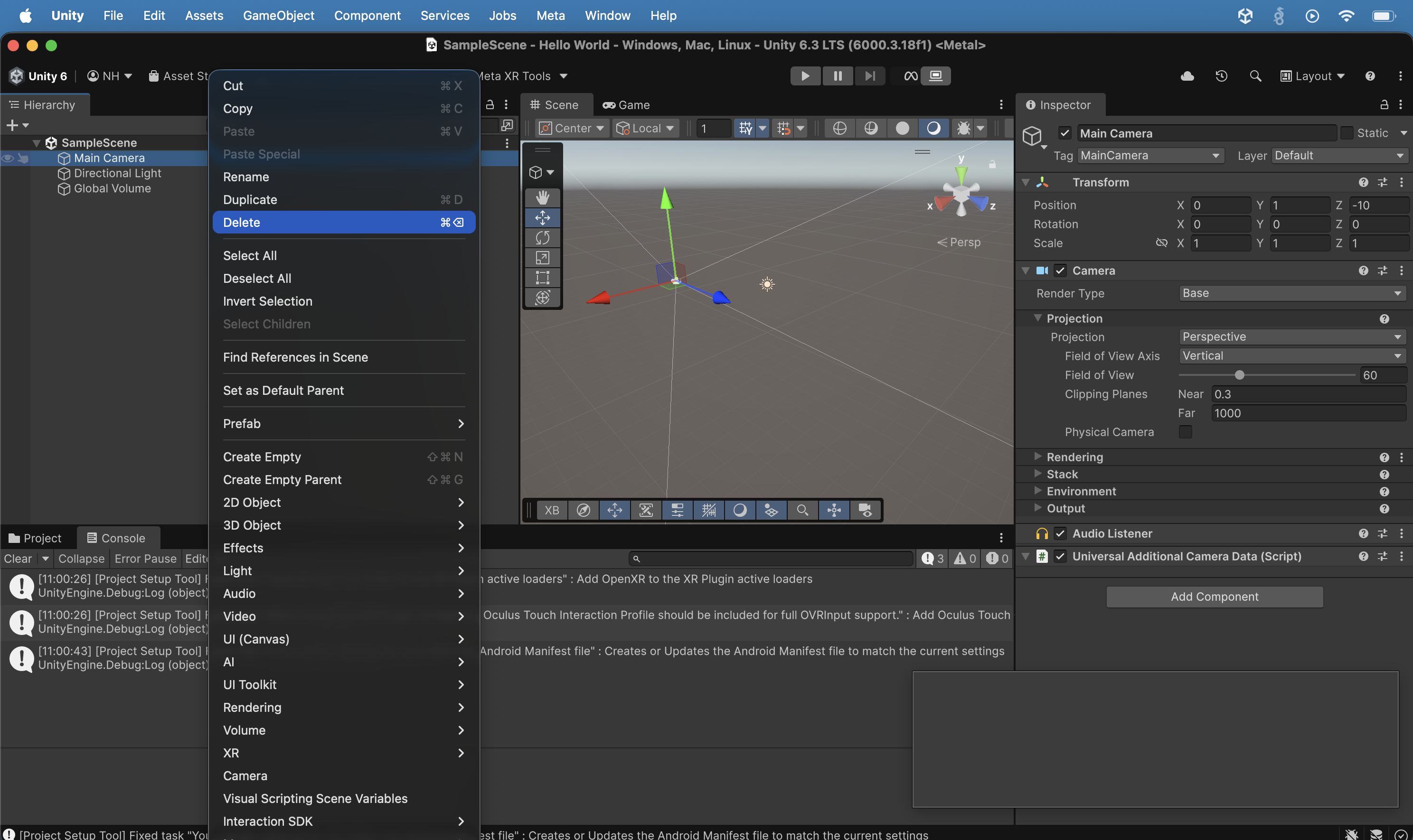 I right-clicked the Main Camera in the Hierarchy and saw the context menu including the Delete option; the XR > Interaction SDK submenu was visible.