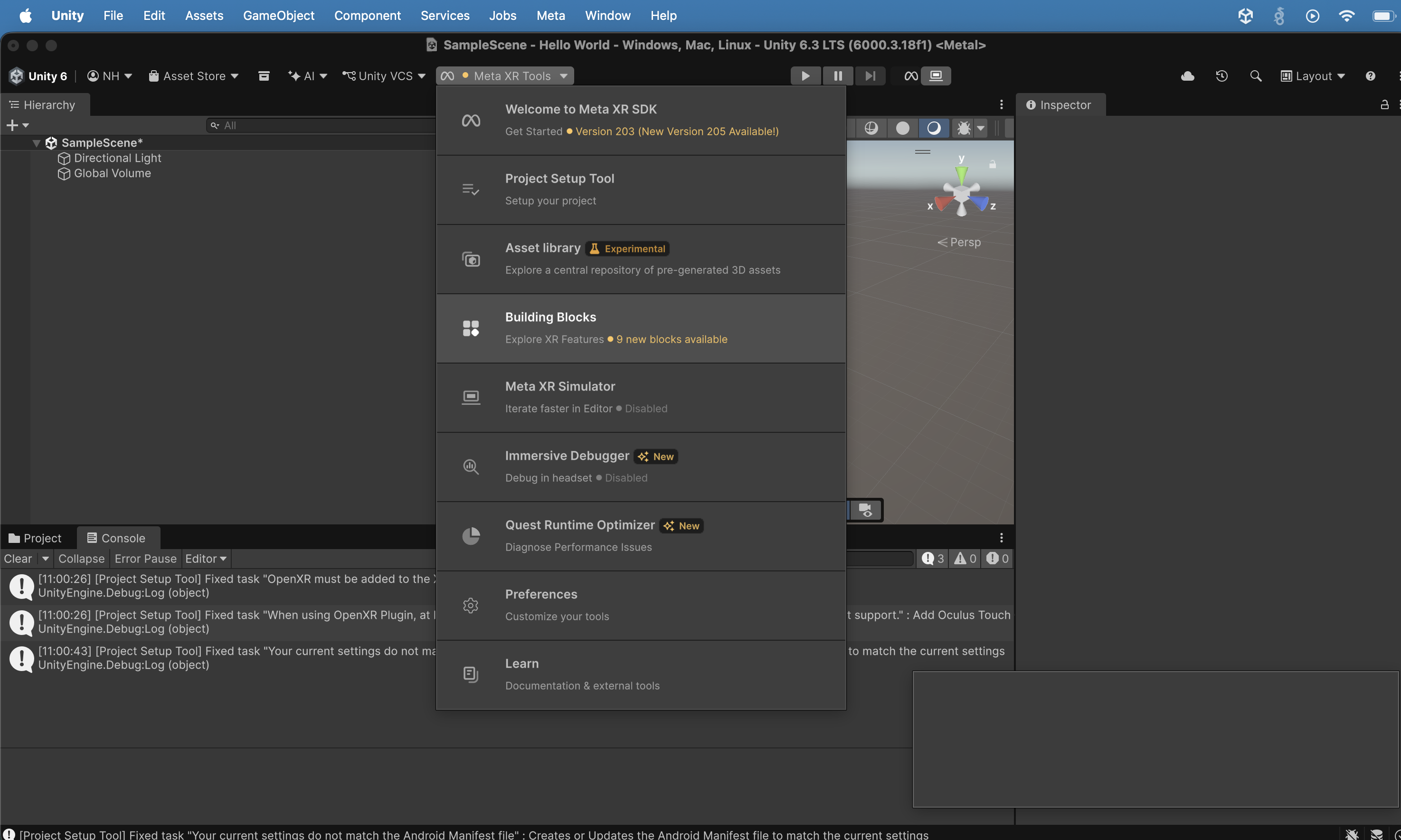 I opened the Meta XR Tools menu and saw all available tools: Welcome to Meta XR SDK (version 203, new version 205 available), Project Setup Tool, Asset Library (Experimental), Building Blocks (9 new blocks available), Meta XR Simulator, Immersive Debugger, Quest Runtime Optimizer, Preferences, and Learn. I selected Building Blocks.